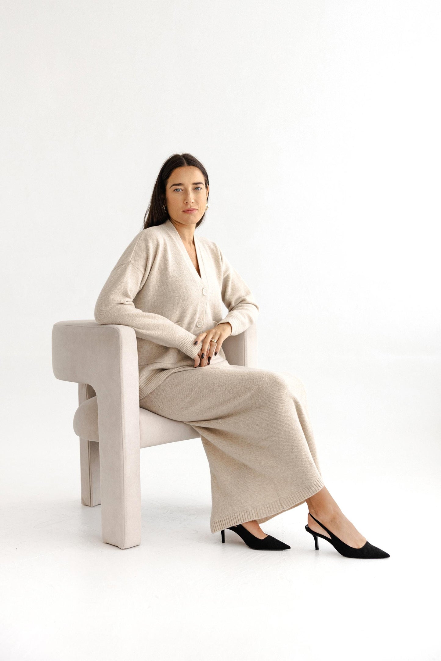 Beige Merino Wool Cardigan And Skirt Set