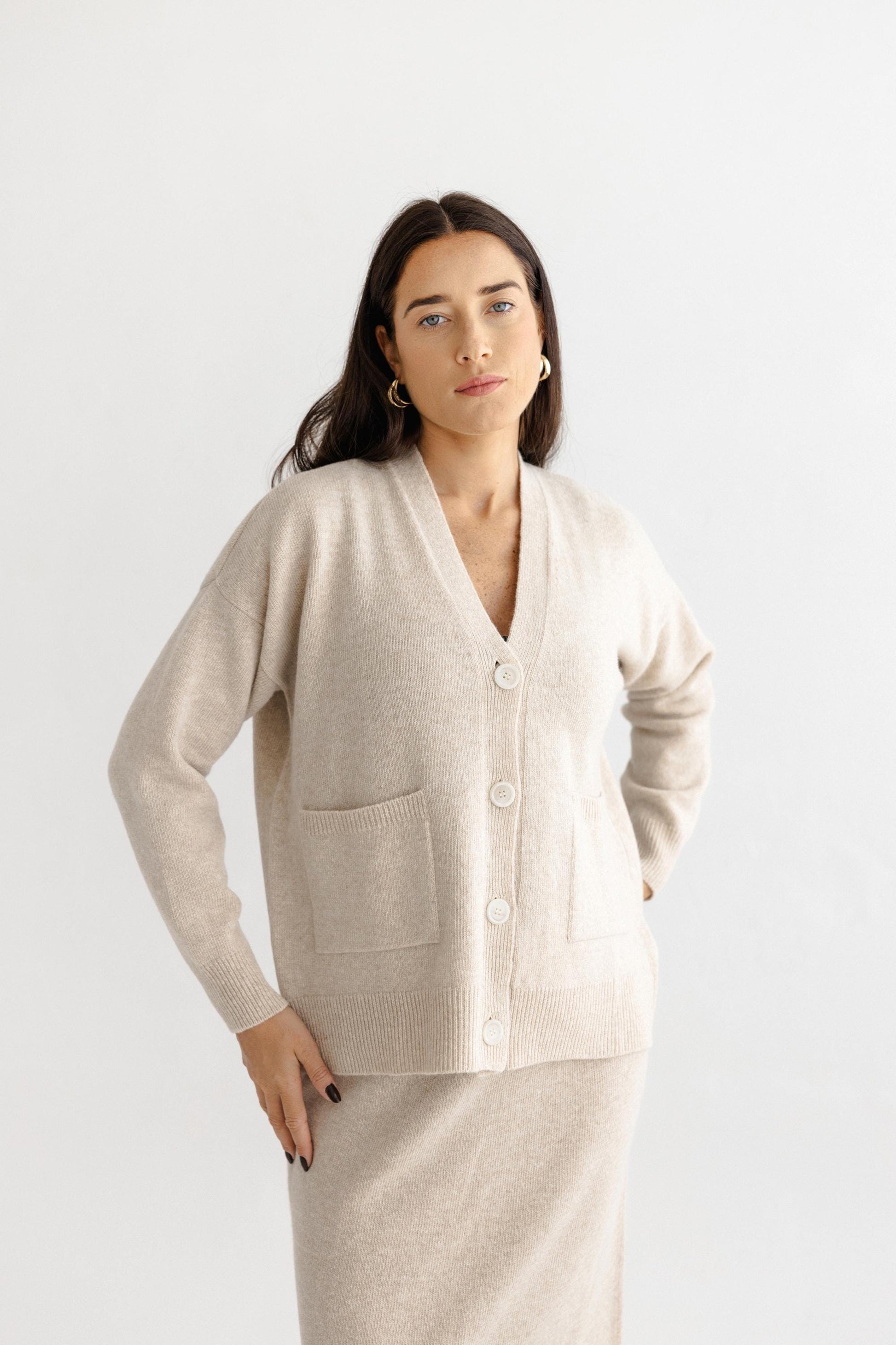 Beige Knitted Merino Wool Bottoned Cardigan With Pockets And Long Pensil Skirt Set For Women