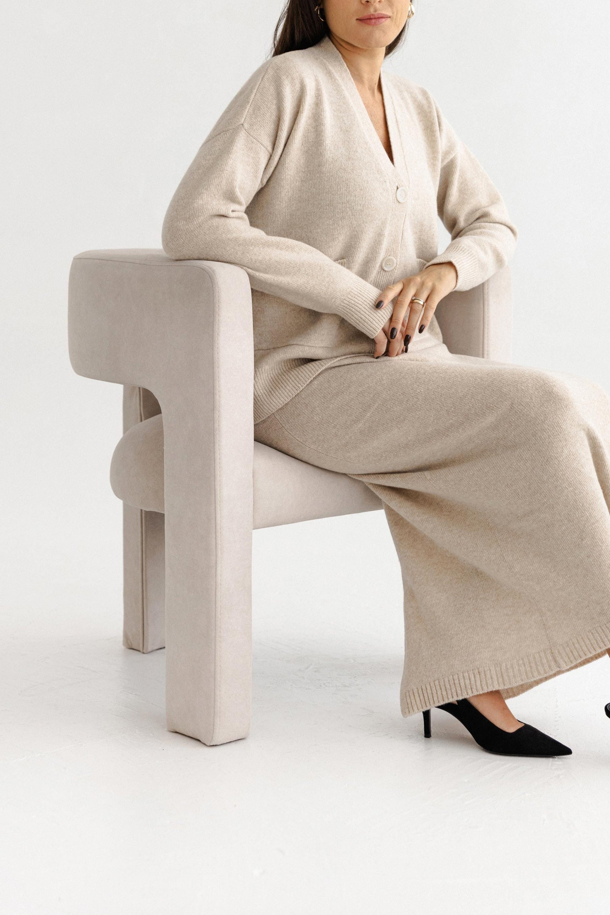 Beige Knitted Merino Wool Bottoned Cardigan With Pockets And Long Pensil Skirt Set For Women