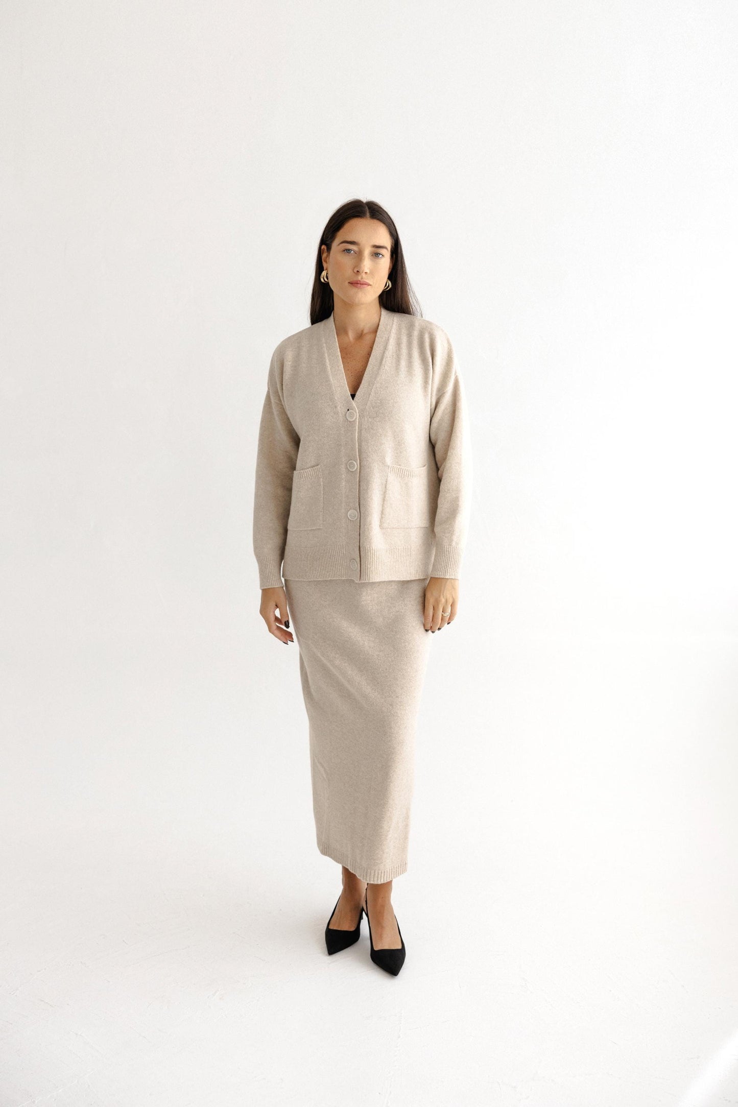Beige Knitted Merino Wool Bottoned Cardigan With Pockets And Long Pensil Skirt Set For Women