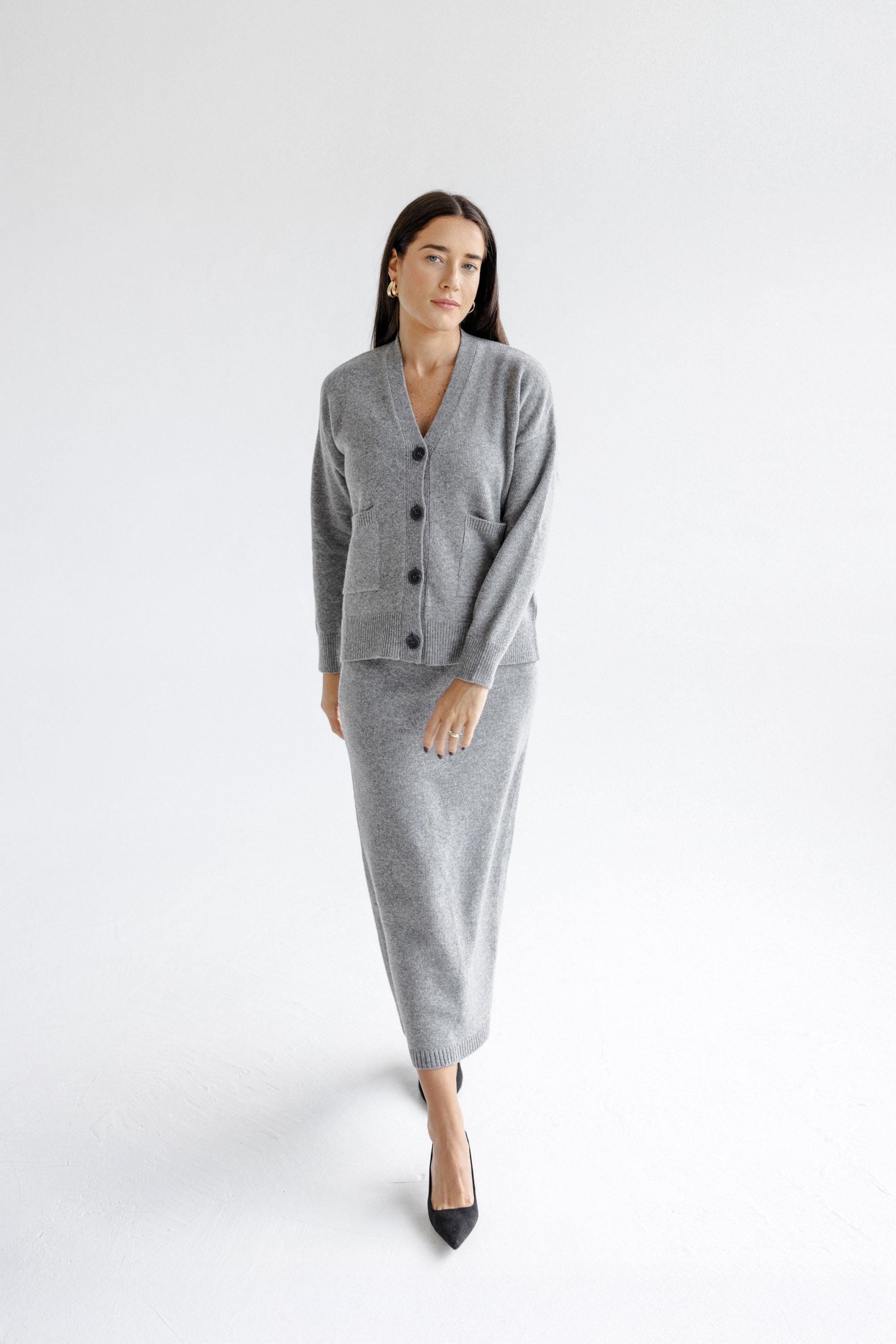 Gray Knitted Classic Style Merino Wool Long Pensil Skirt For Women
