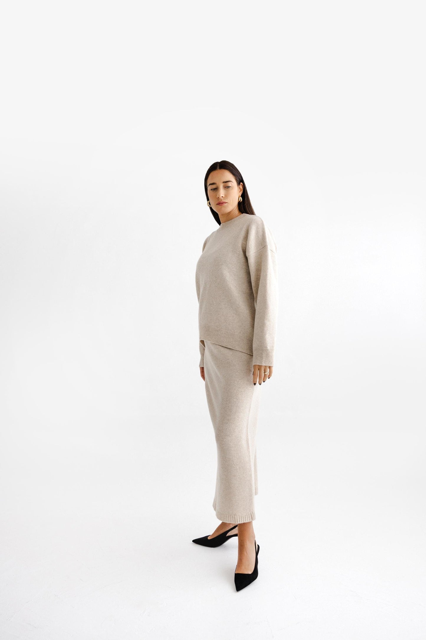 Beige Knitted Merino Wool Maxi Skirt With Back Slit For Women