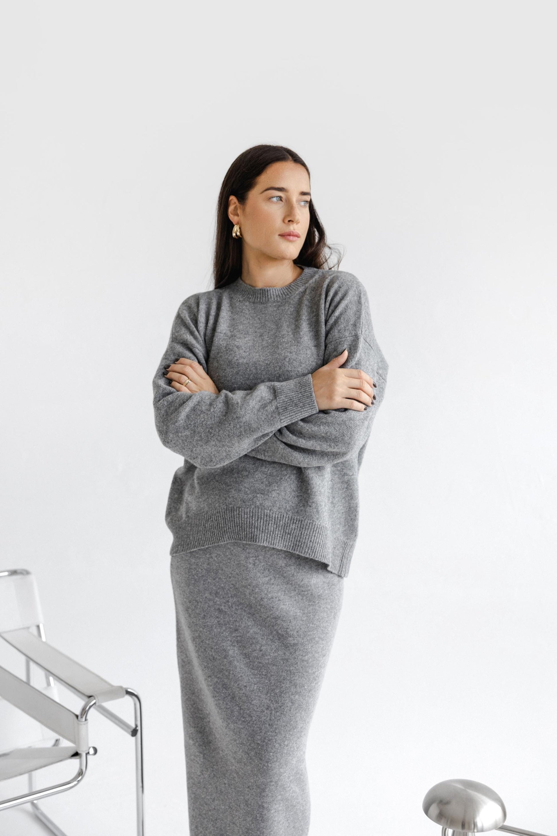 Gray Knitted Merino Wool Oversized Sweater With Classic Style Maxi Pensil Skirt With Back Slit Set For Women, Grey High Waist Long Skirt Set