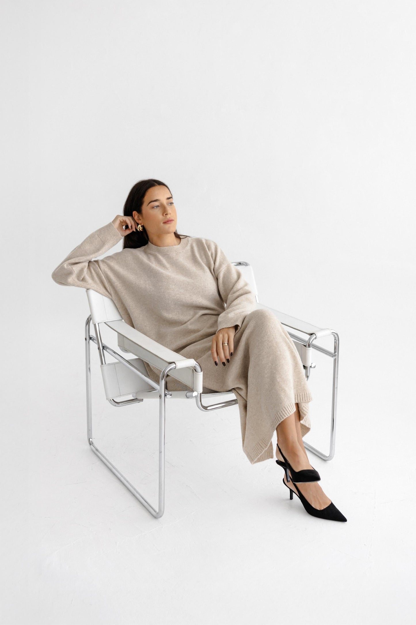 Beige Knitted Merino Wool Oversized Sweater With Classic Style Maxi Pensil Skirt With Back Slit Set For Women, Oat High Waist Long Skirt Set