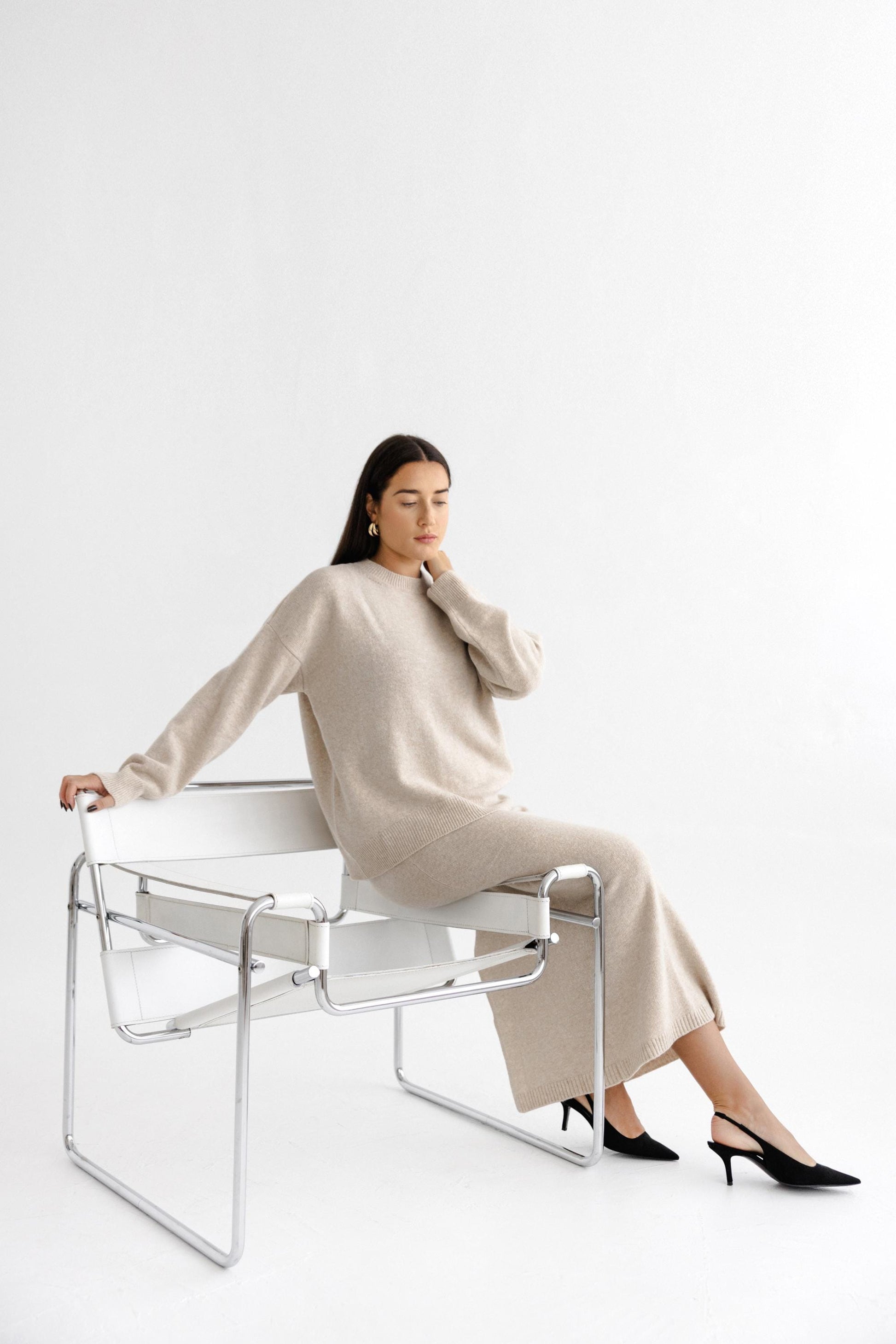 Beige Knitted Merino Wool Sweater With Maxi Skirt Set