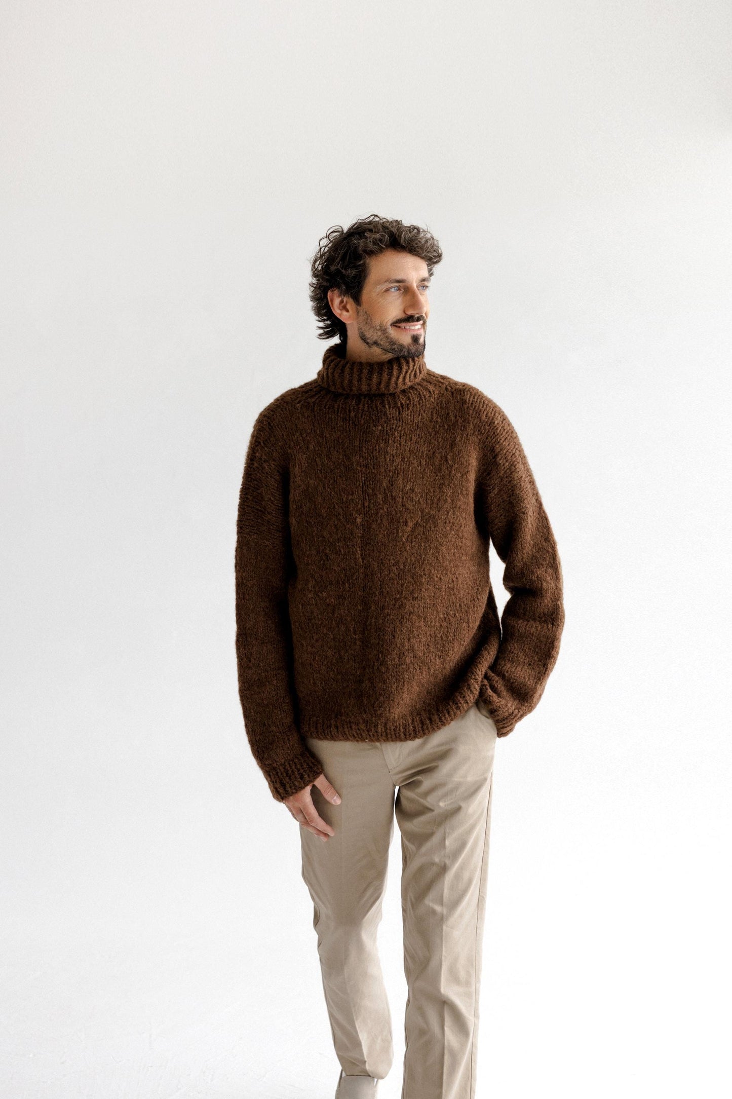 Chunky knit brown alpaca wool turtleneck sweater for men, cable knitted woolen men's polo neck jumper,handmade thick high roll-neck pullover