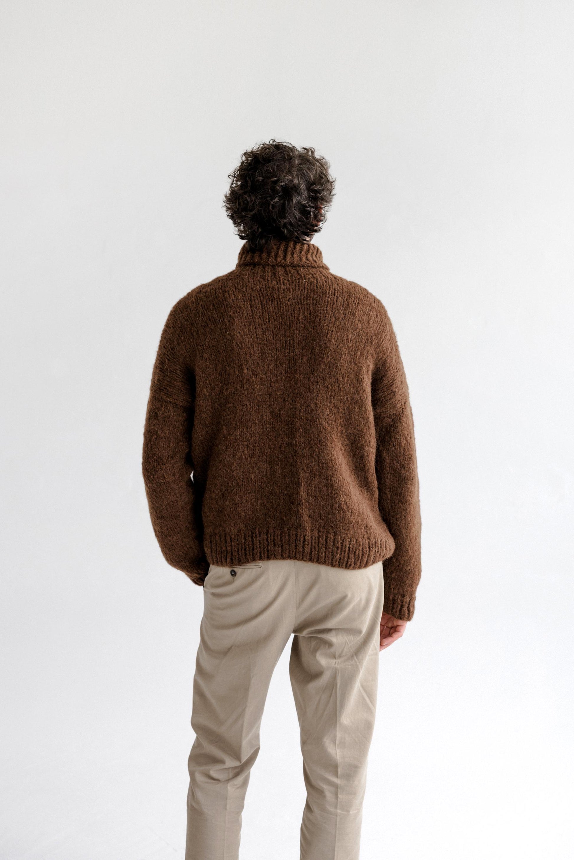 Chunky knit brown alpaca wool turtleneck sweater for men, cable knitted woolen men's polo neck jumper,handmade thick high roll-neck pullover