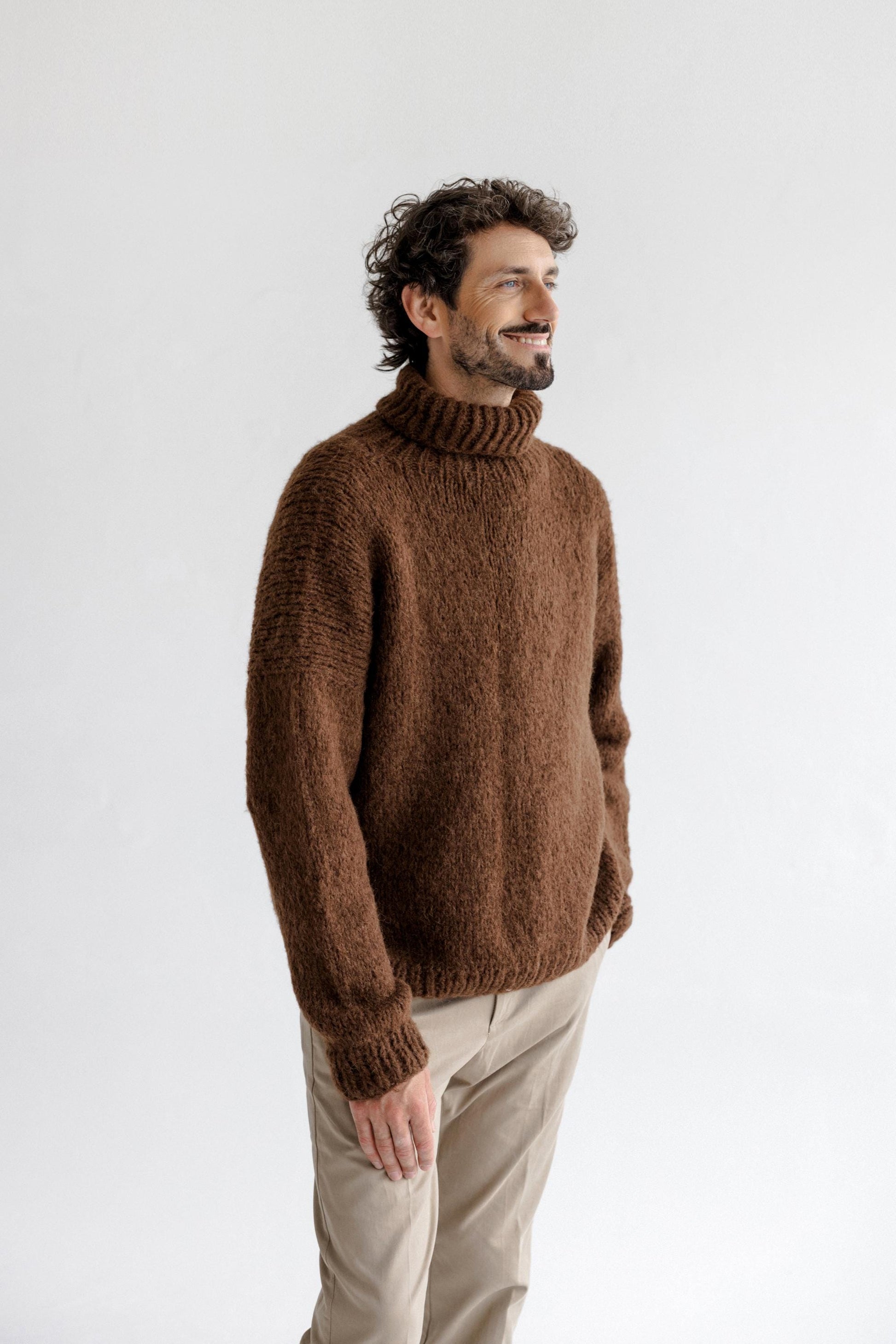 Chunky knit brown alpaca wool turtleneck sweater for men, cable knitted woolen men's polo neck jumper,handmade thick high roll-neck pullover