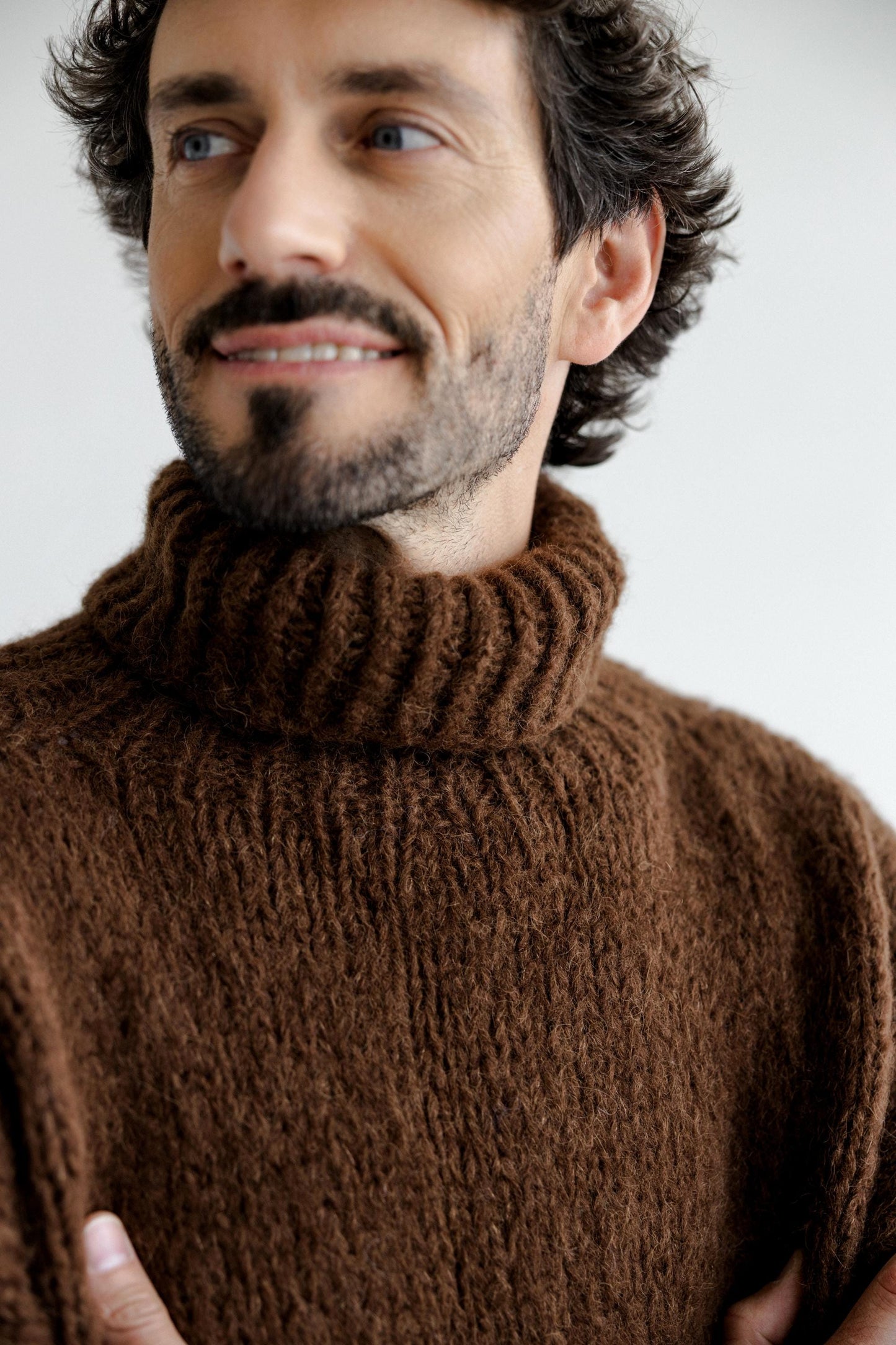 Chunky knit brown alpaca wool turtleneck sweater for men, cable knitted woolen men's polo neck jumper,handmade thick high roll-neck pullover