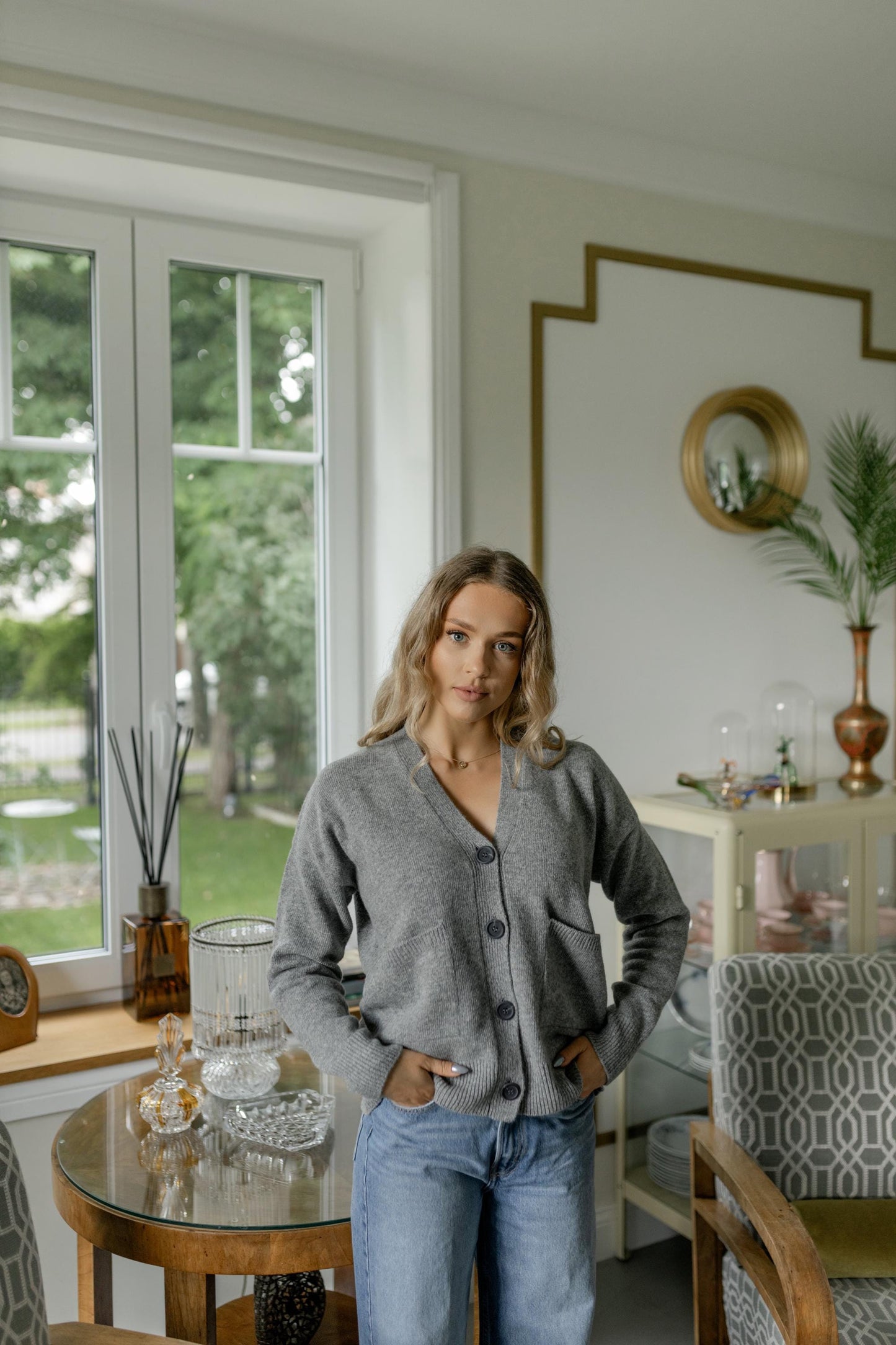 Gray Knitted Merino Wool Cardigan With Buttons And Pockets, Grey Knit Buttoned Woolen Sweater For Women, V-neck Slightly Oversized Sweater