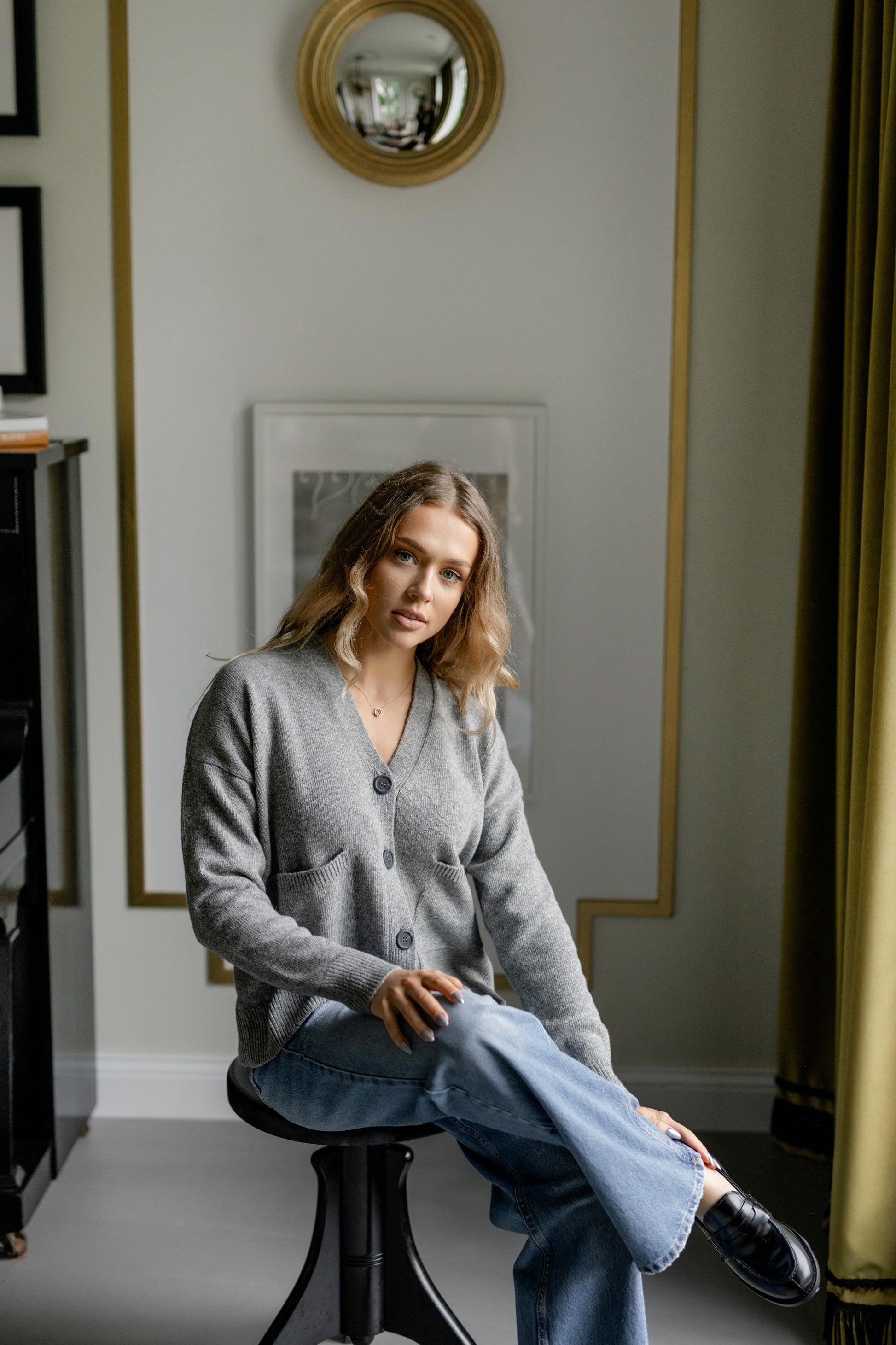 Gray Knitted Merino Wool Cardigan With Buttons And Pockets, Grey Knit Buttoned Woolen Sweater For Women, V-neck Slightly Oversized Sweater