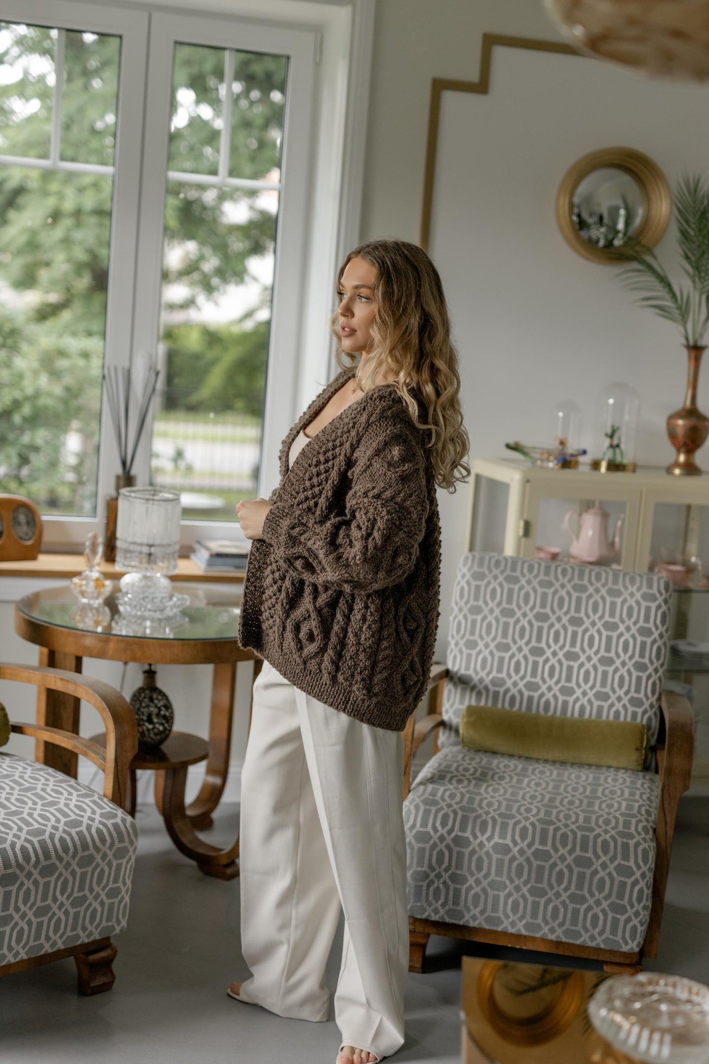 Brown Chunky Knit Oversized Alpaca Cardigan, Cable Knit Women's Jacket, Irish Sweater For Woman, Fair Isle Handmade Wool Cardigan, Gift