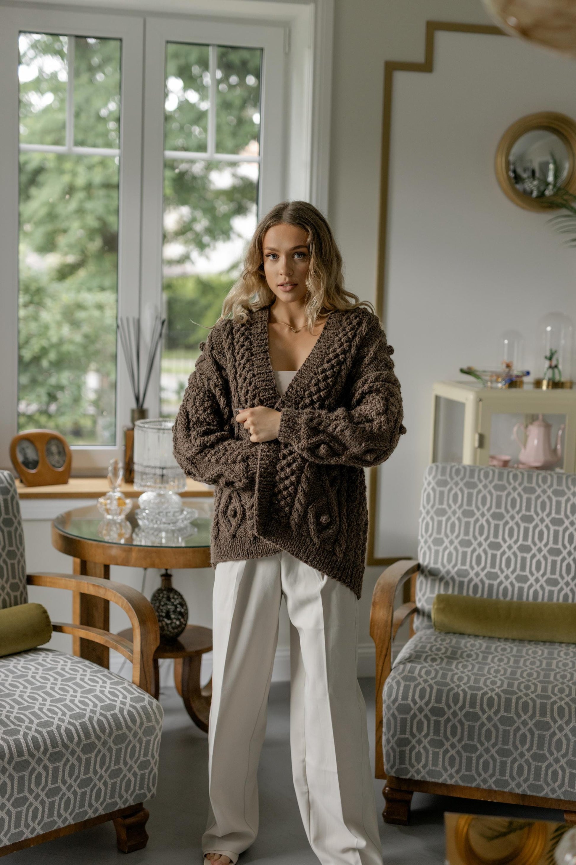 Light Gray Chunky Knit Oversized Alpaca Cardigan, Cable Knit Women's Jacket, Irish Sweater For Woman, Fair Isle Handmade Wool Cardigan, Gift