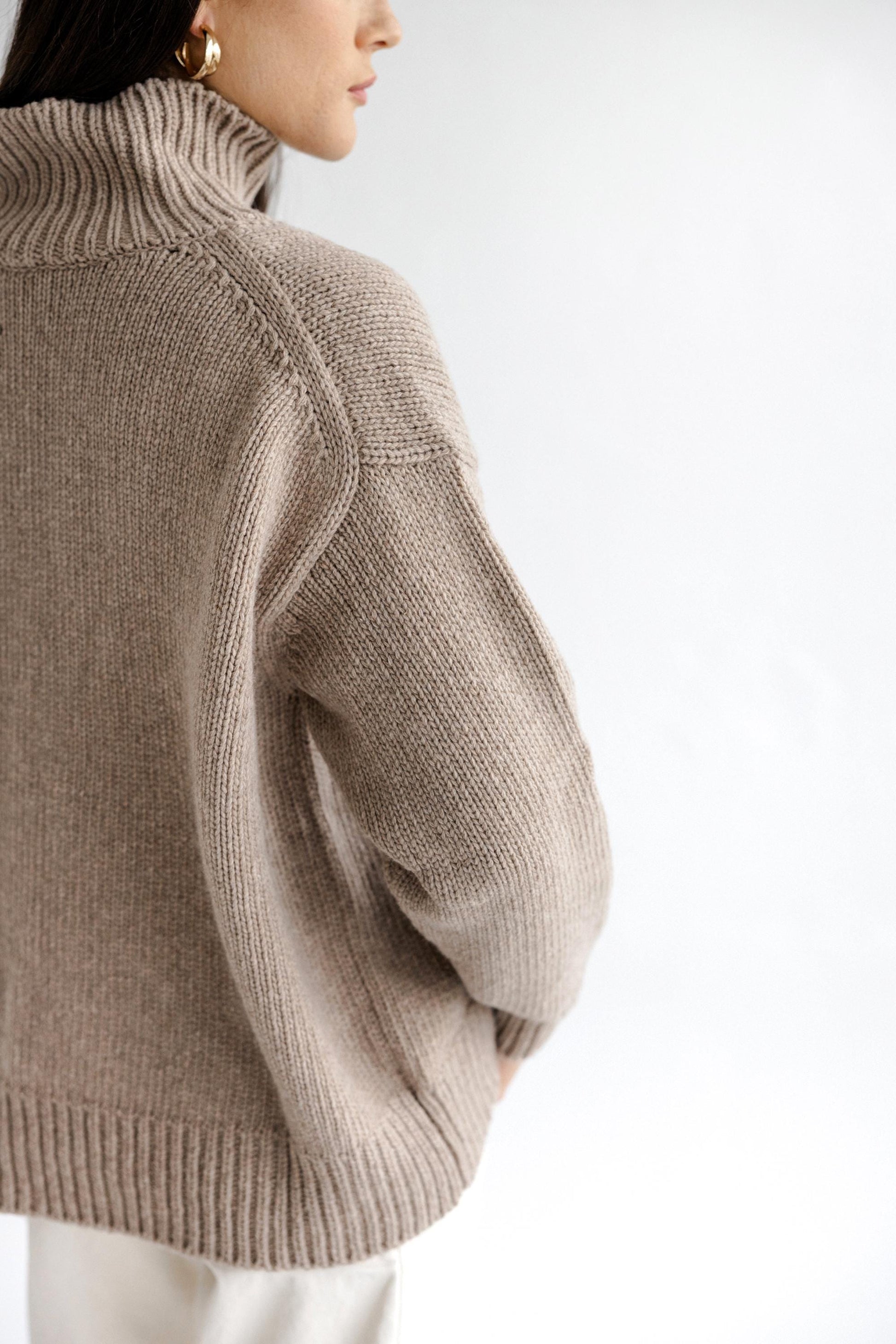 Gray Chunky Knitted Oversized Merino Wool Pullover With High Neck, Grey Cable Knit Woolen Turtleneck Sweater With Longer Back,Women's Jumper