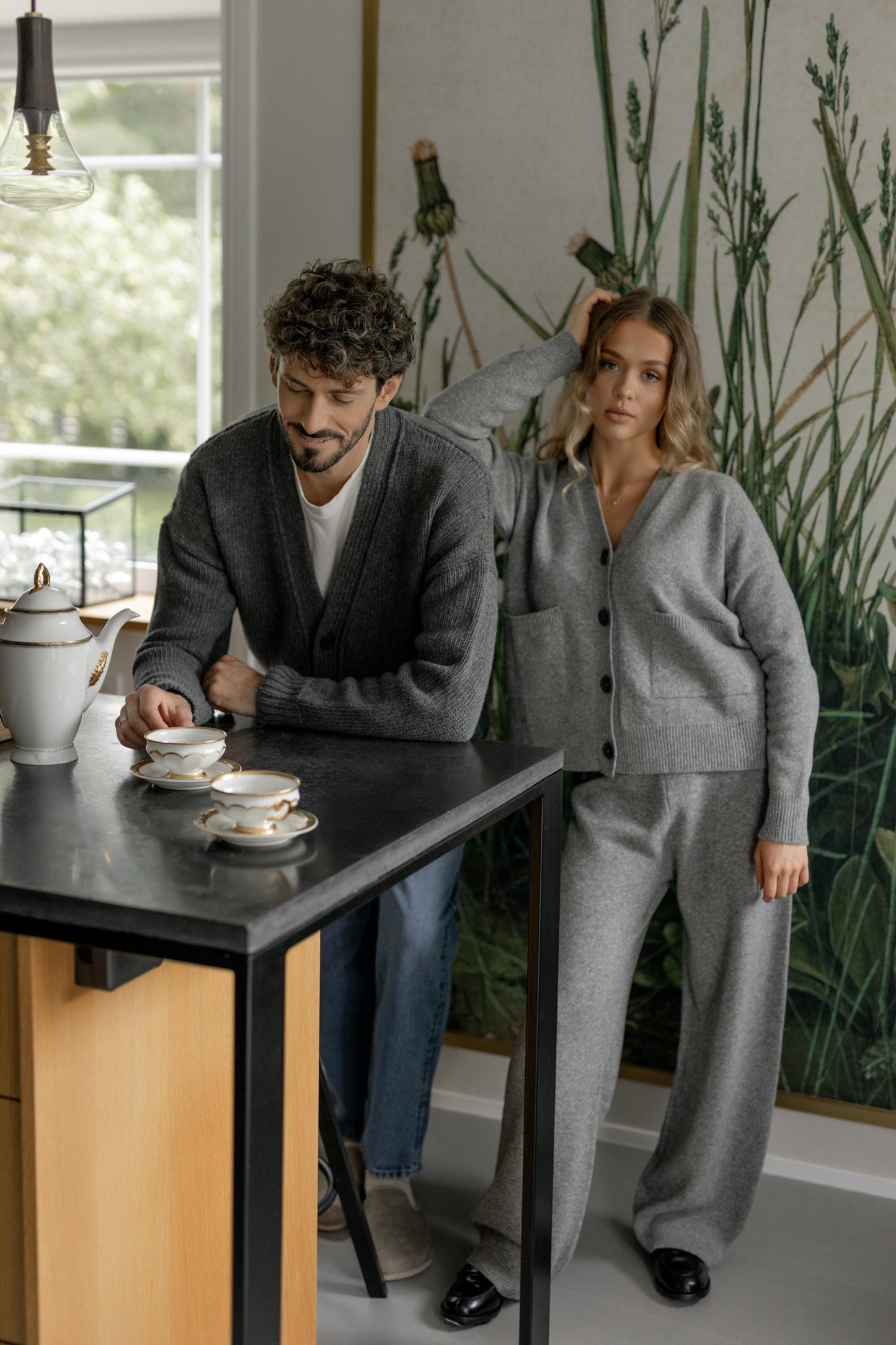 Gray Knitted Merino Wool Cardigan And Trousers Set, Grey Buttoned Women's Knit Cardigan With Pockets And Pants Loungewear Set, Minimal Style