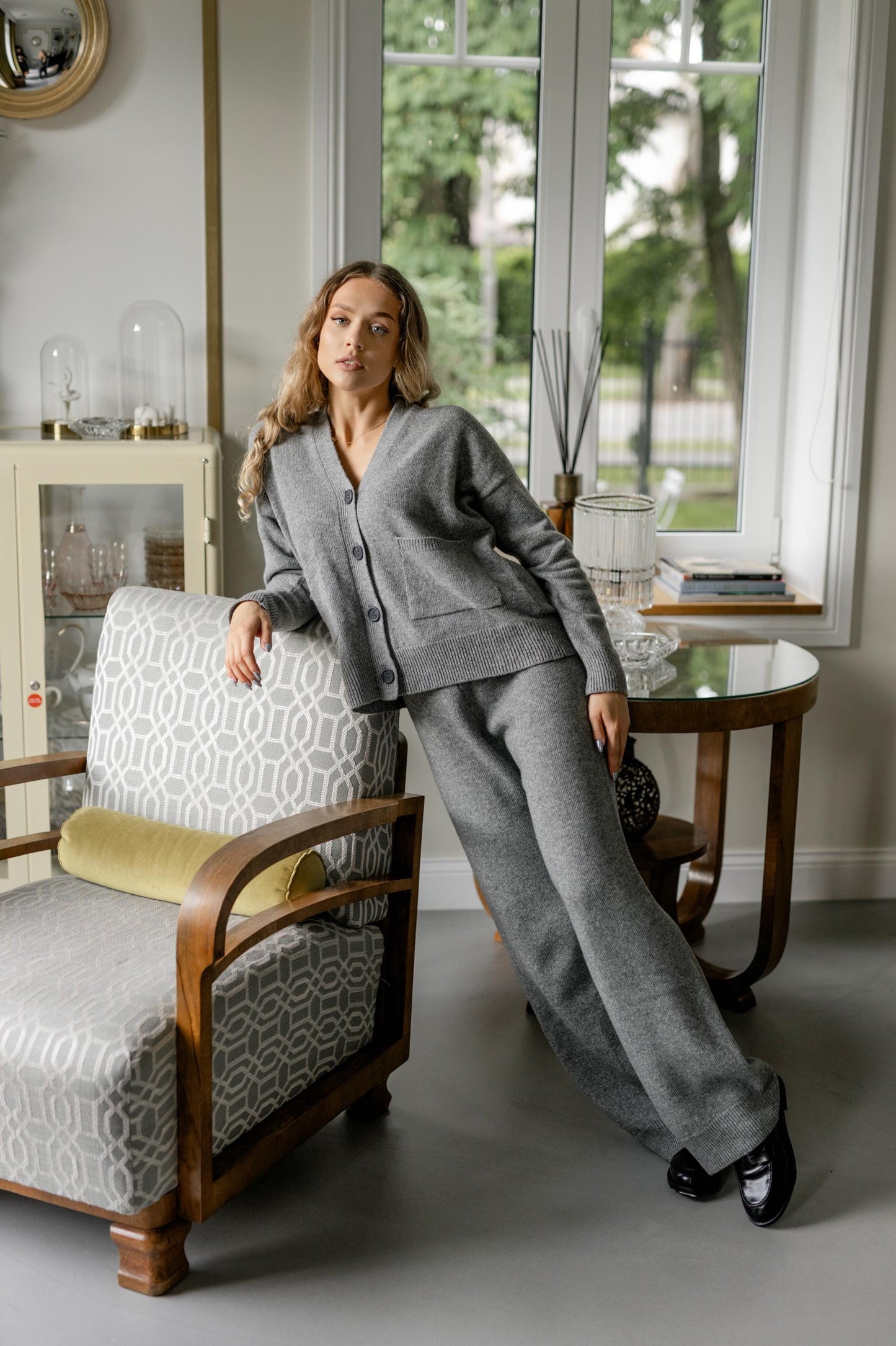 Gray Knitted Merino Wool Cardigan And Trousers Set, Grey Buttoned Women's Knit Cardigan With Pockets And Pants Loungewear Set, Minimal Style