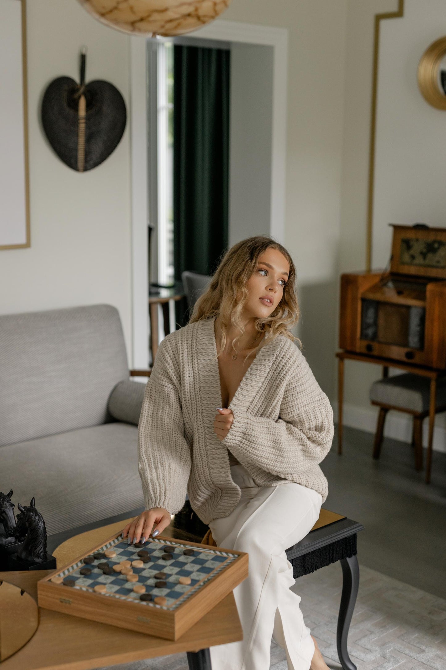 Chunky Knitted Beige Merino Wool Women's Cardigan, Camel Open Front Cable Knit Woolen Sweater For Women, Minimal Style Ribbed Bomber Jacket