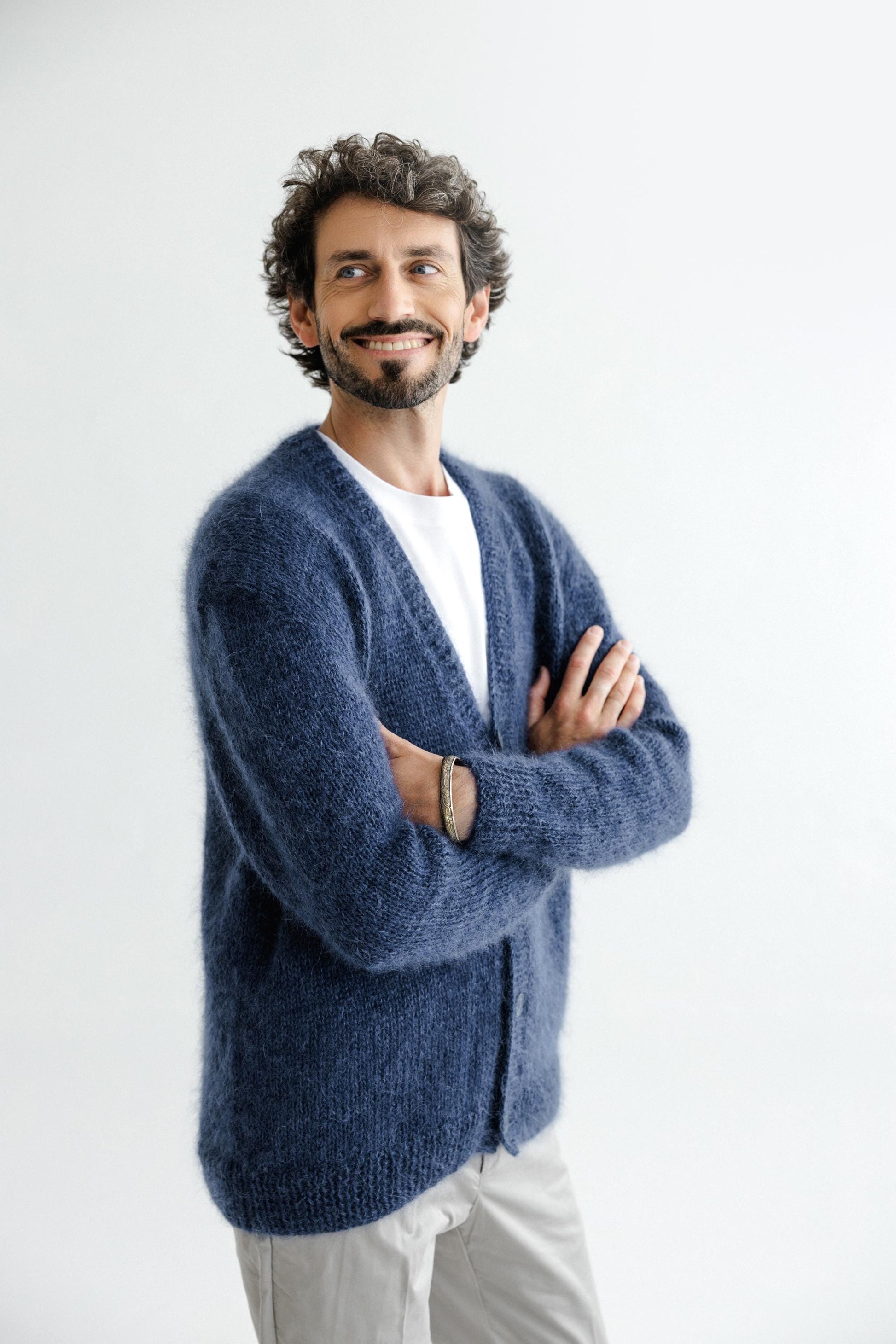 Men's Cable Knitted Green Fluffy Mohair and Alpaca Wool Cardigan With Buttons, Handmade Fuzzy V-neck Sweater For Man, Minimal Style Gift