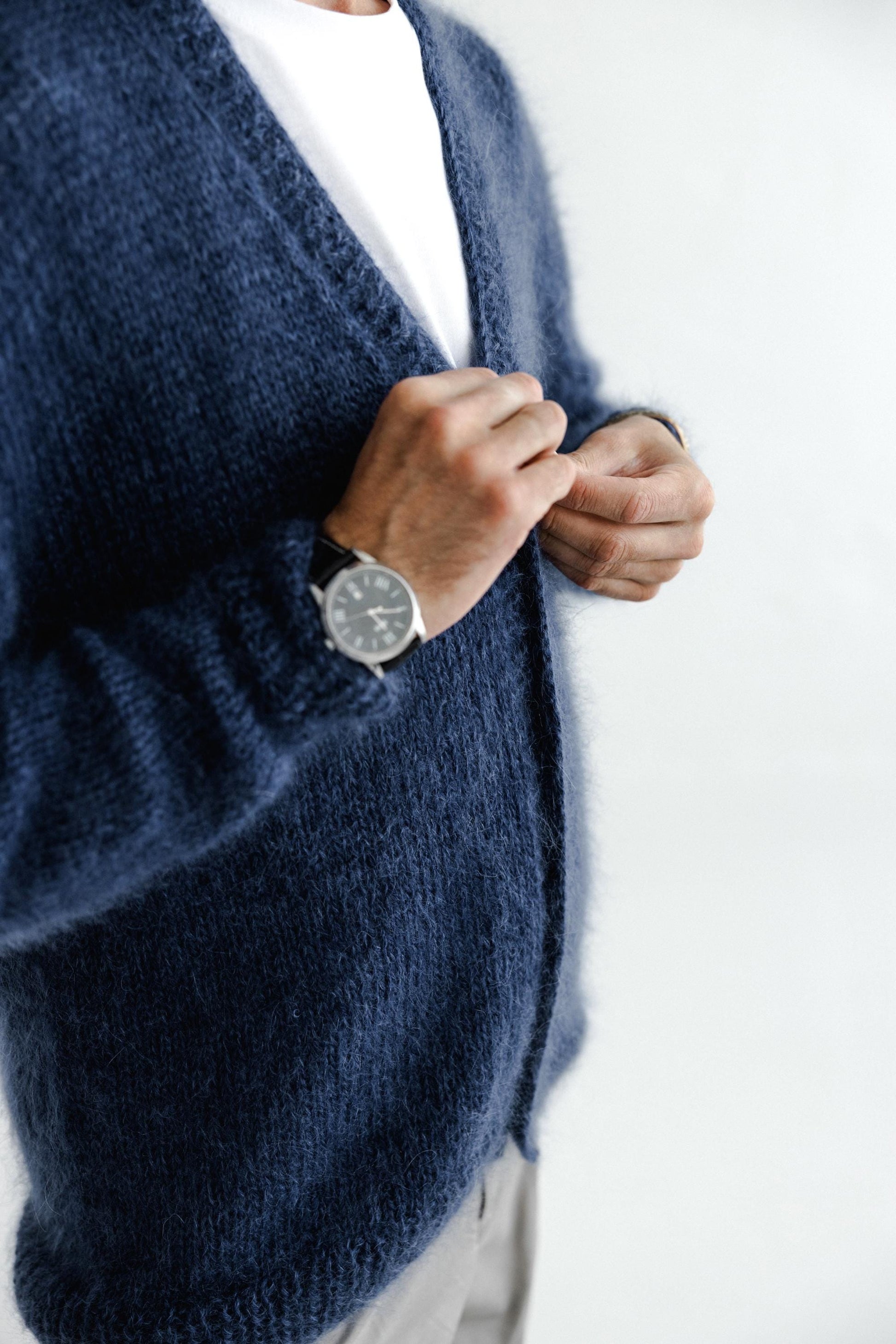 Men's Cable Knitted Blue Fluffy Mohair and Alpaca Wool Cardigan With Buttons, Handmade Fuzzy V-neck Sweater For Man, Minimal Style Gift