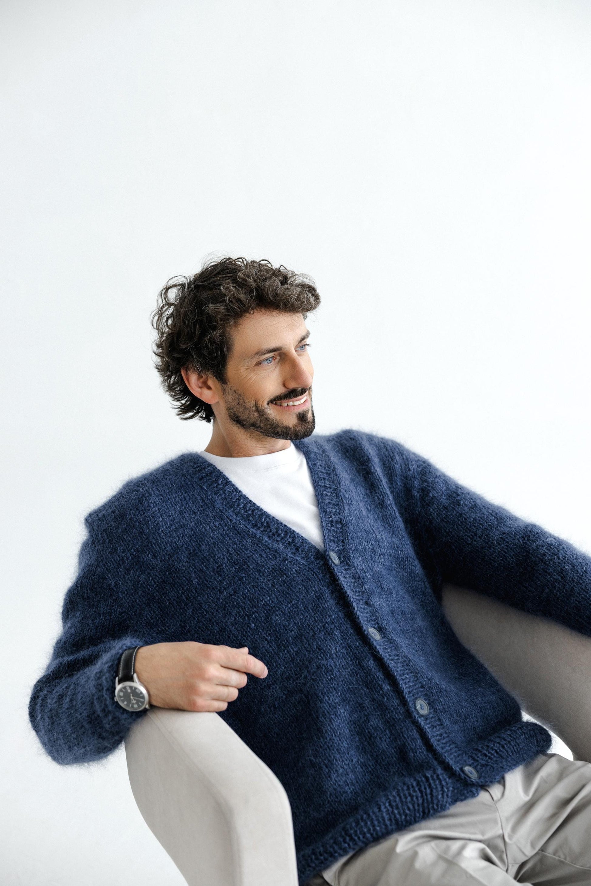 Men's Cable Knitted Blue Fluffy Mohair and Alpaca Wool Cardigan With Buttons, Handmade Fuzzy V-neck Sweater For Man, Minimal Style Gift