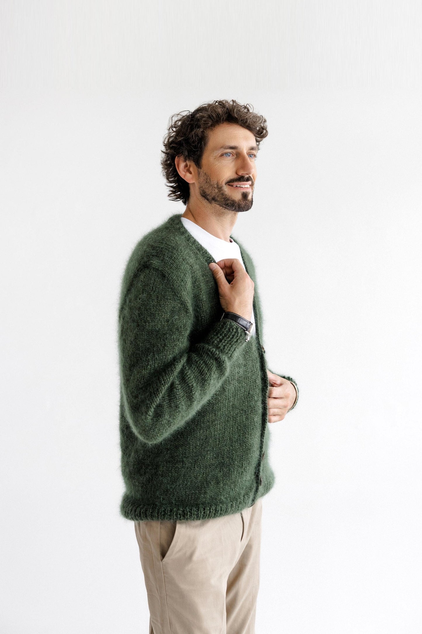 Men's Cable Knitted Blue Fluffy Mohair and Alpaca Wool Cardigan With Buttons, Handmade Fuzzy V-neck Sweater For Man, Minimal Style Gift