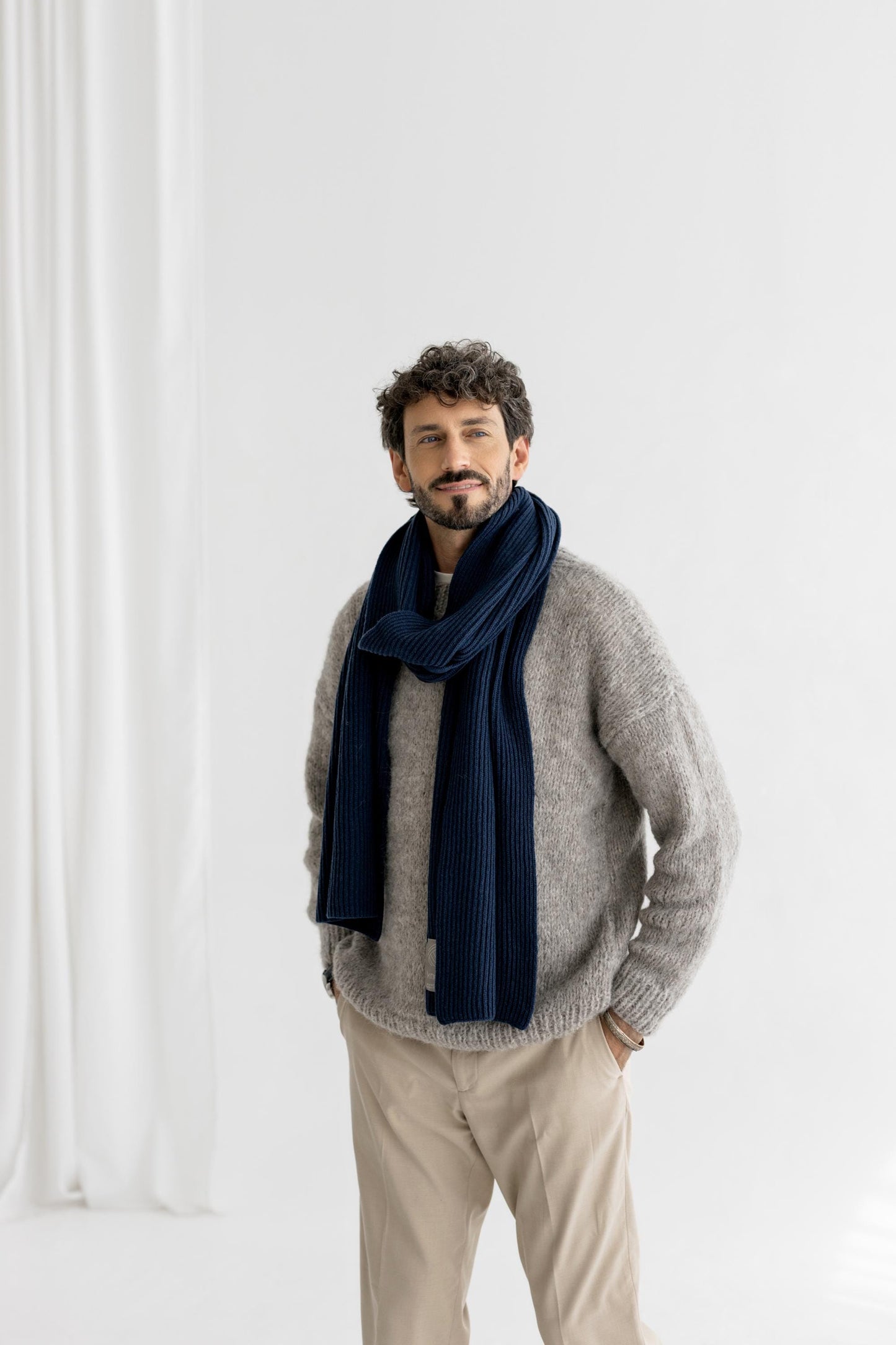 Gray Ribbed Knitted Merino Wool And Cashmere Fall Winter Men's Scarf