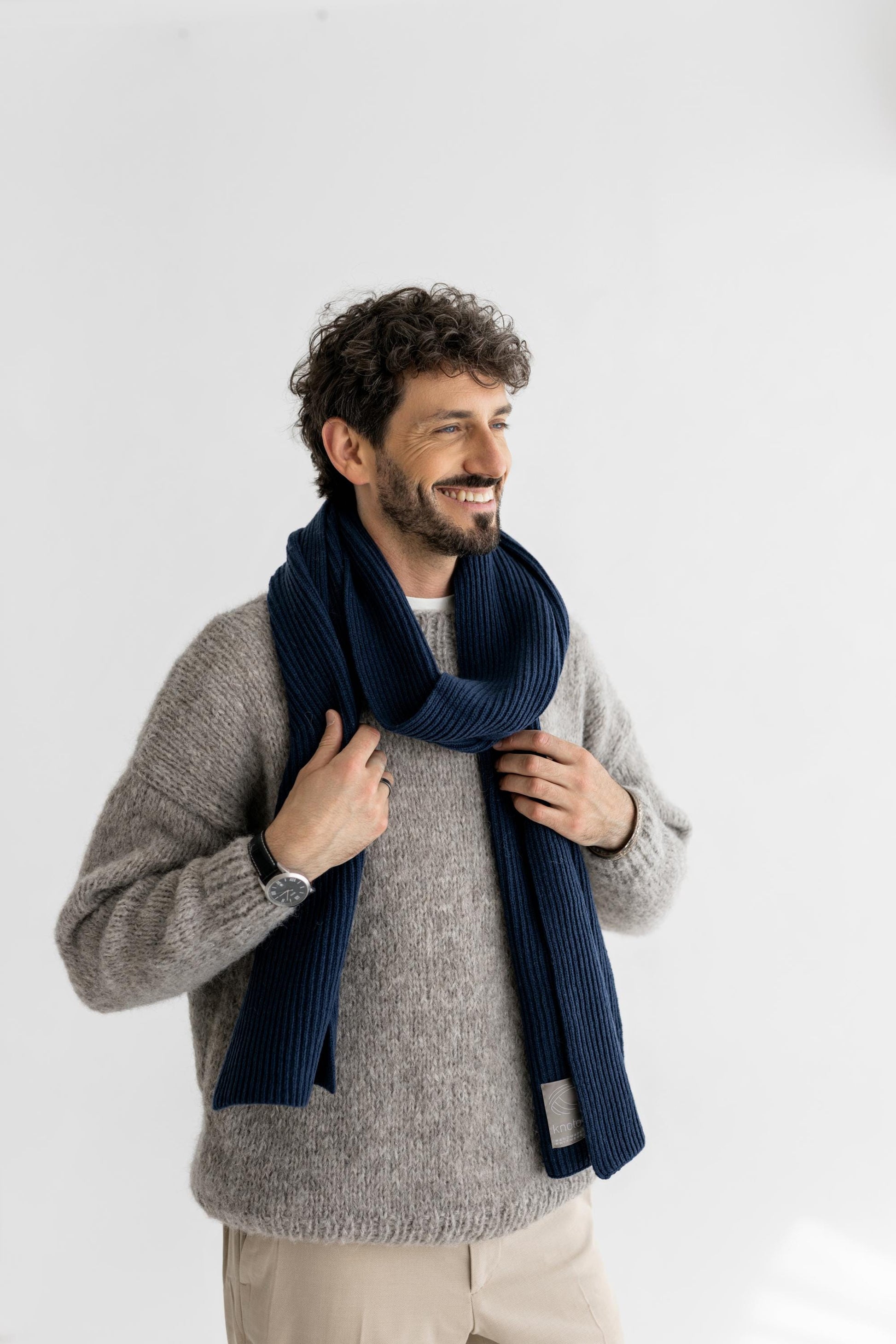Gray Ribbed Knitted Merino Wool And Cashmere Fall Winter Men's Scarf