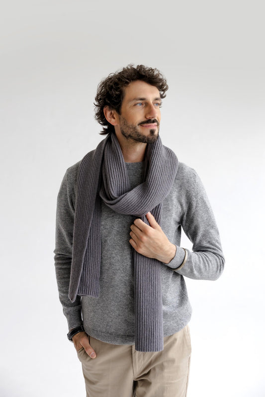 Gray Ribbed Knitted Merino Wool And Cashmere Fall Winter Men's Scarf