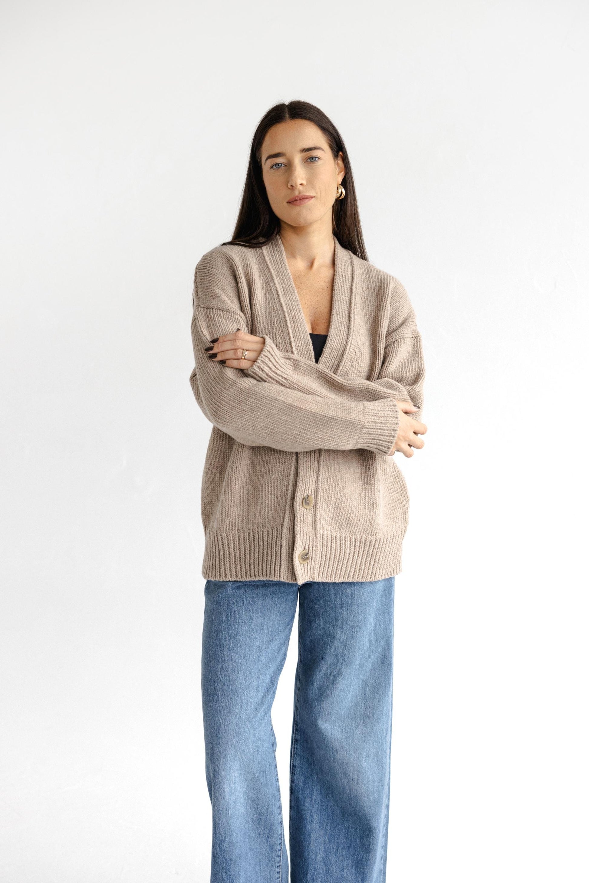 Taupe Chunky Knitted Merino Wool Unisex Cardigan With Buttons, Beige Oversized Cable Knit V-neck Woolen Sweater, Matching Man And Woman Set