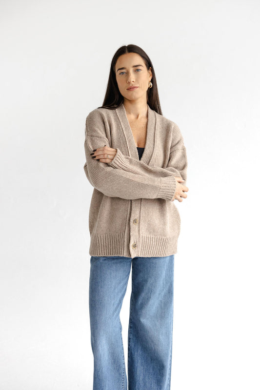 Taupe Chunky Knitted Merino Wool Unisex Cardigan With Buttons, Beige Oversized Cable Knit V-neck Woolen Sweater, Matching Man And Woman Set