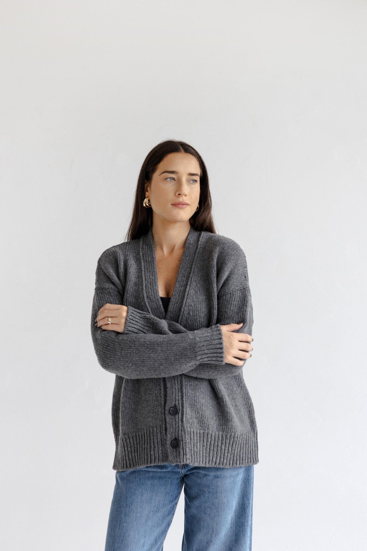 Gray Chunky Knitted Merino Wool Matching Couple Cardigans With Buttons Set, Grey Oversized Cable Knit V-neck Woolen Relaxed Family Outfit