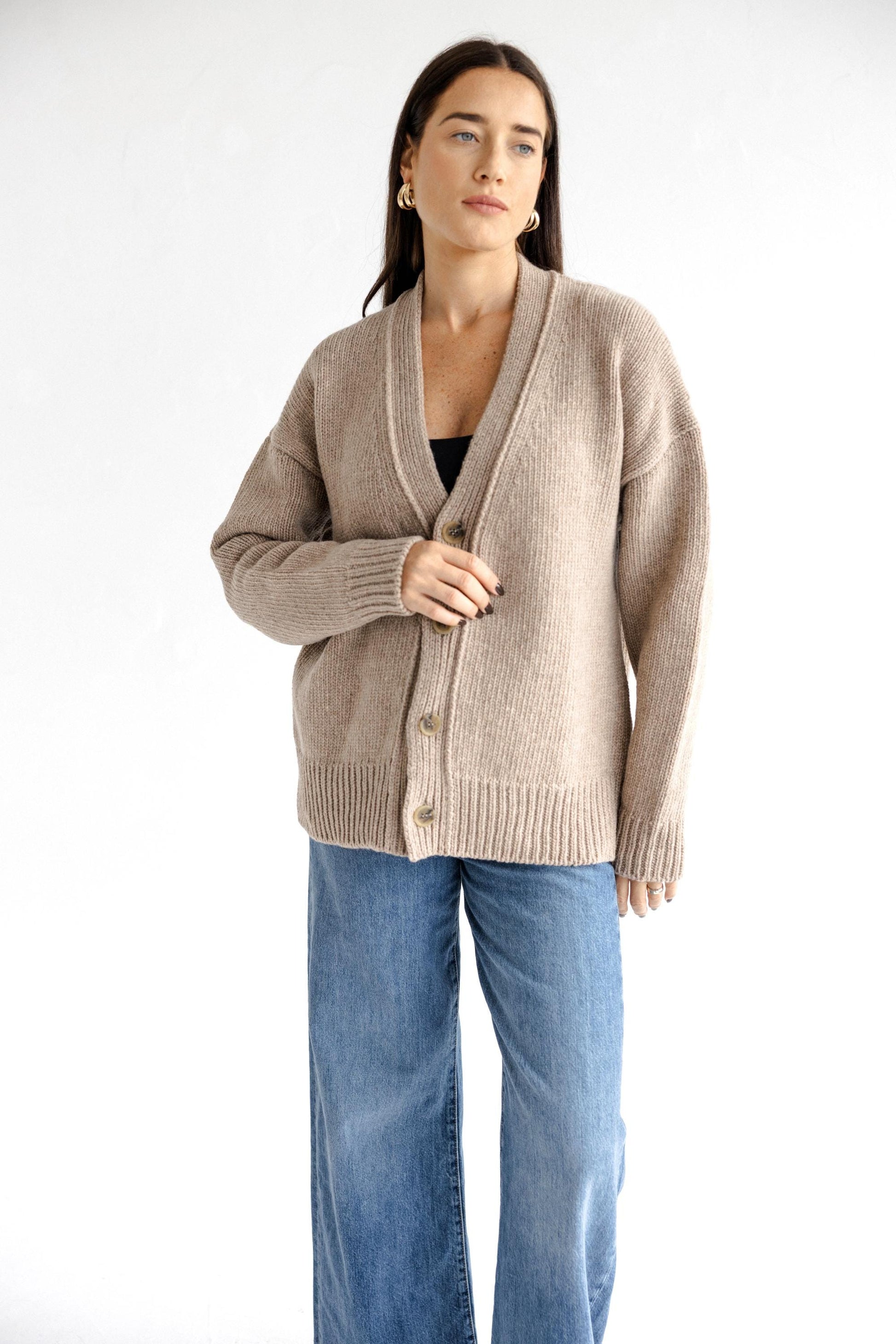 Gray Chunky Knitted Merino Wool Matching Couple Cardigans With Buttons Set, Grey Oversized Cable Knit V-neck Woolen Relaxed Family Outfit