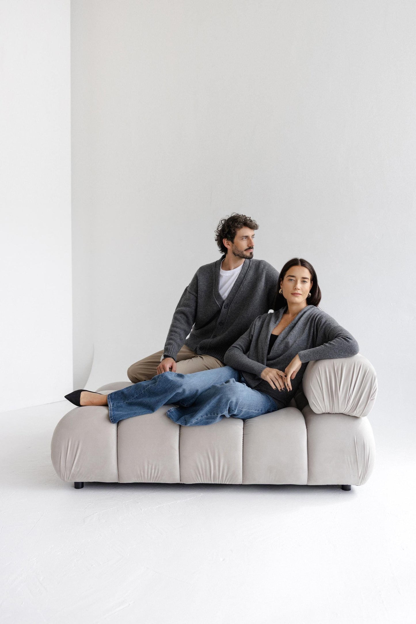 Gray Knitted Merino Wool Deep V-neck Oversized Women's Sweater