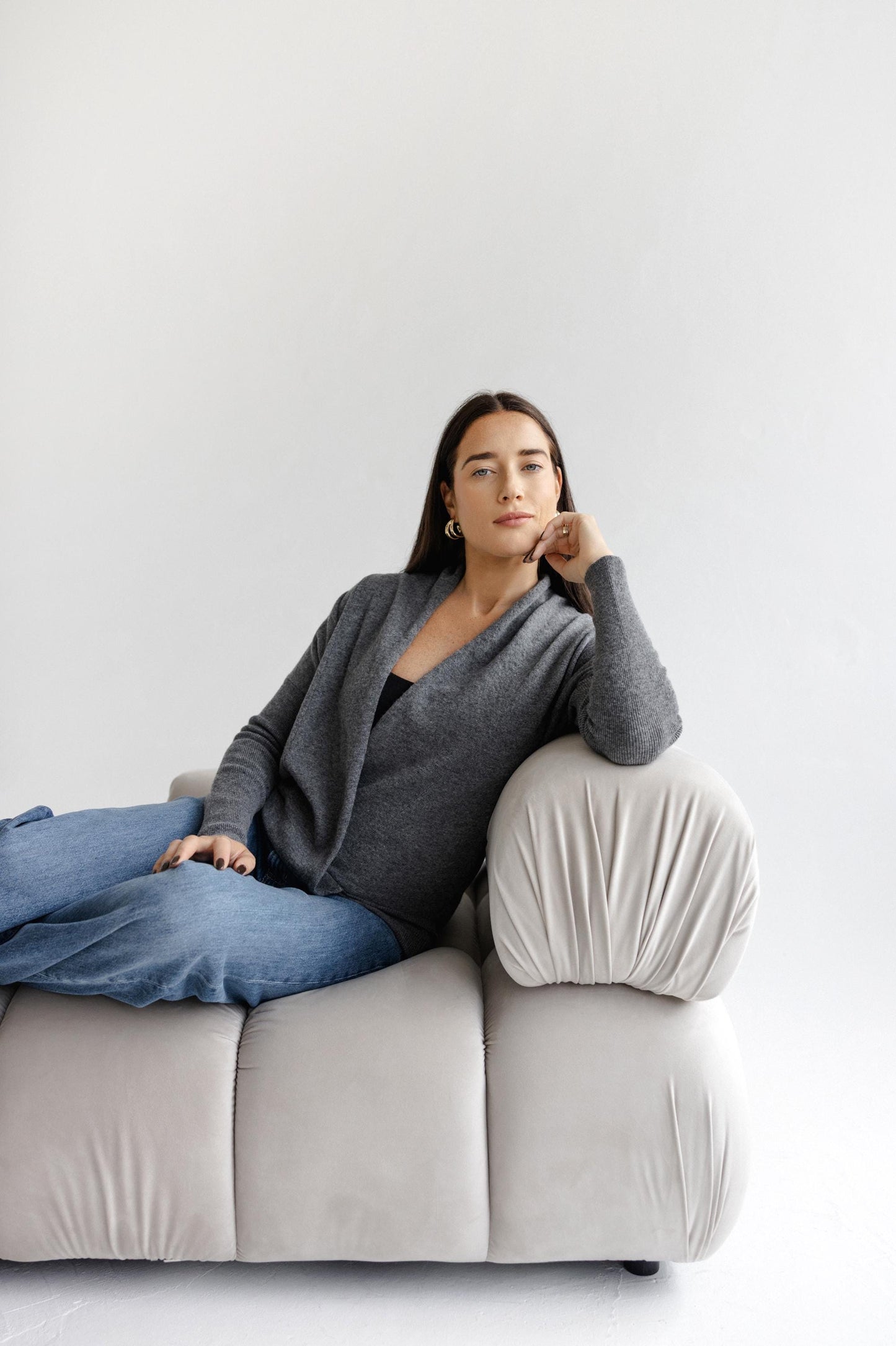 Gray Knitted Merino Wool Deep V-neck Oversized Women's Sweater