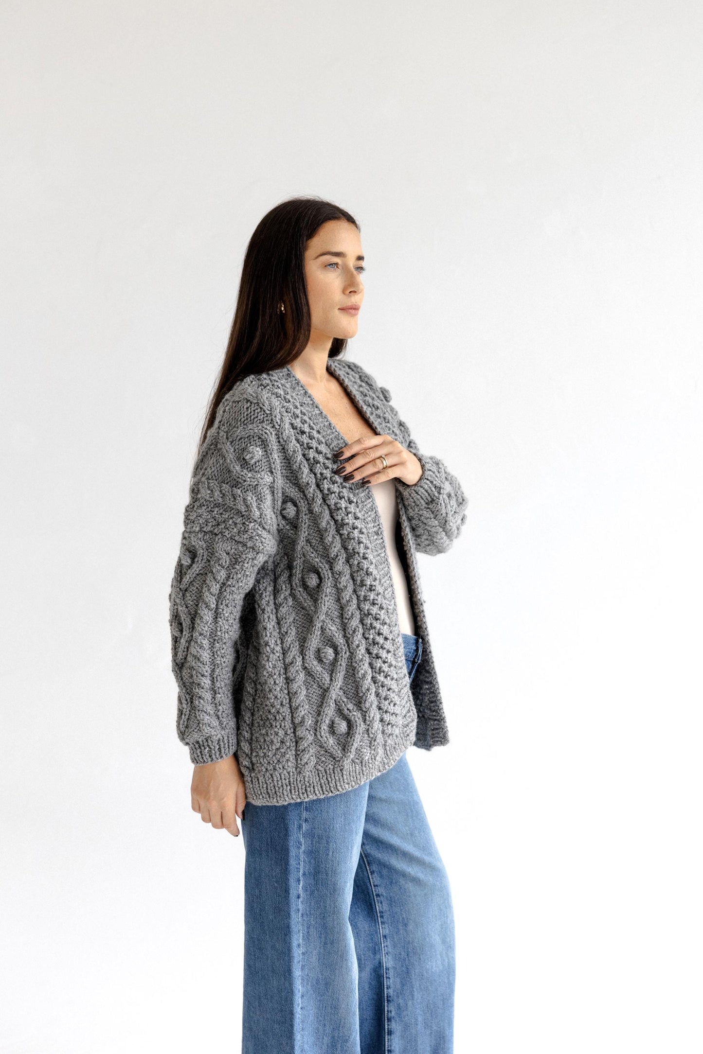 Light Gray Chunky Knit Oversized Alpaca Cardigan, Cable Knit Women's Jacket, Irish Sweater For Woman, Fair Isle Handmade Wool Cardigan, Gift