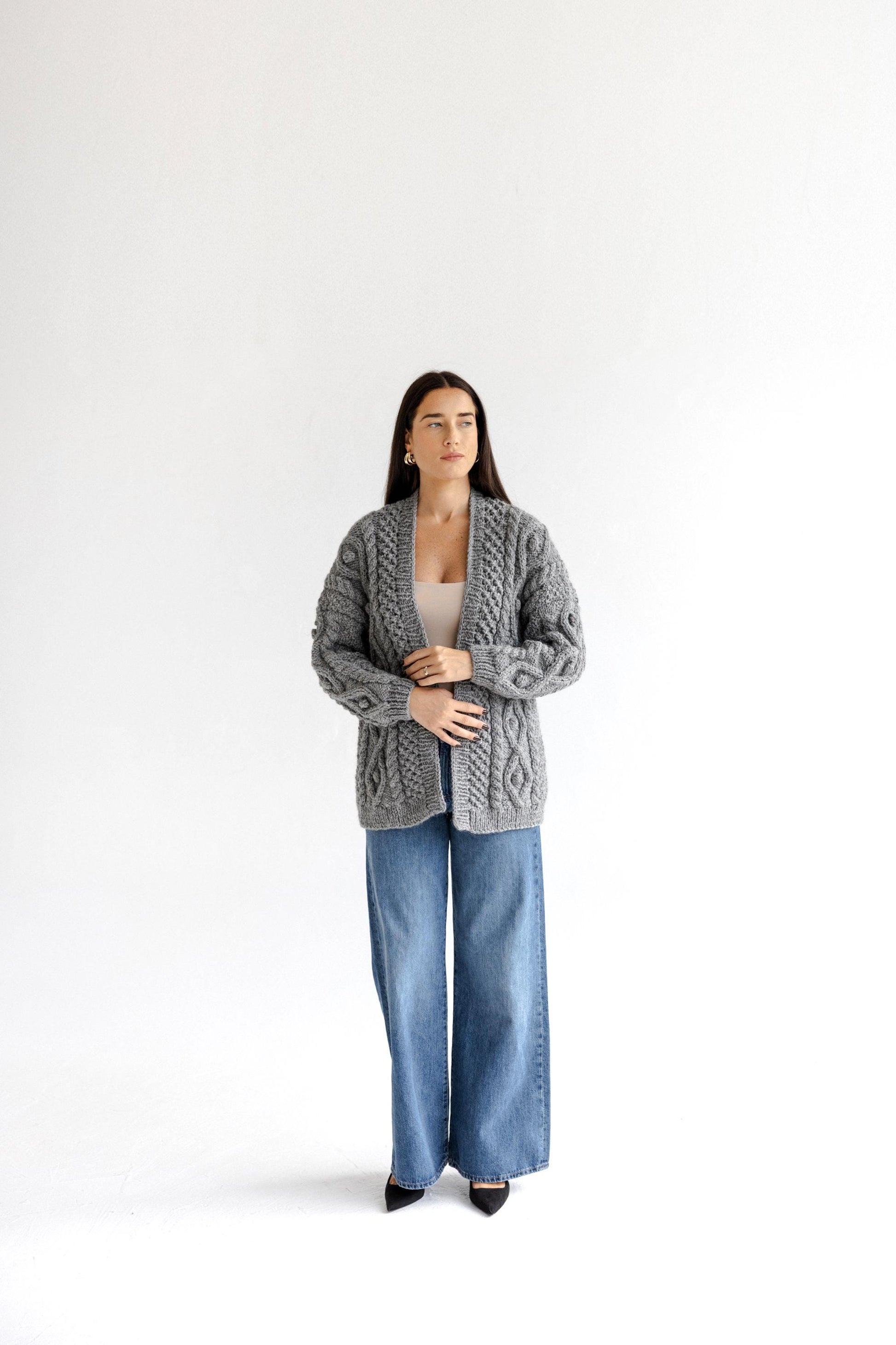 Light Gray Chunky Knit Oversized Alpaca Cardigan, Cable Knit Women's Jacket, Irish Sweater For Woman, Fair Isle Handmade Wool Cardigan, Gift