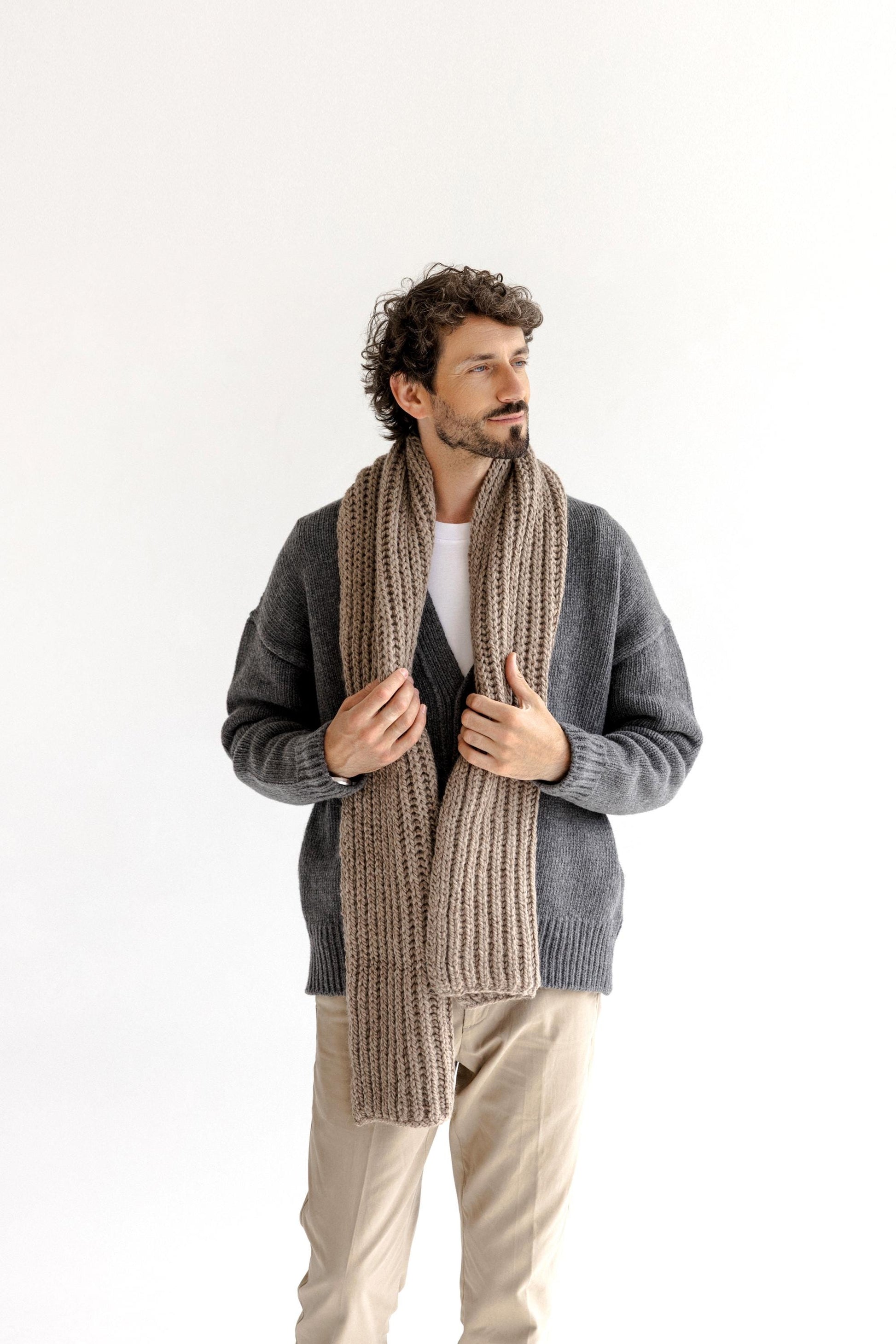 Navy Blue Chunky Knitted Long Alpaca Wool Scarf, Oversized Cable Knit Scarves, Handmade Ribbed Men's Neck Warmer,The Best Gift For Boyfriend