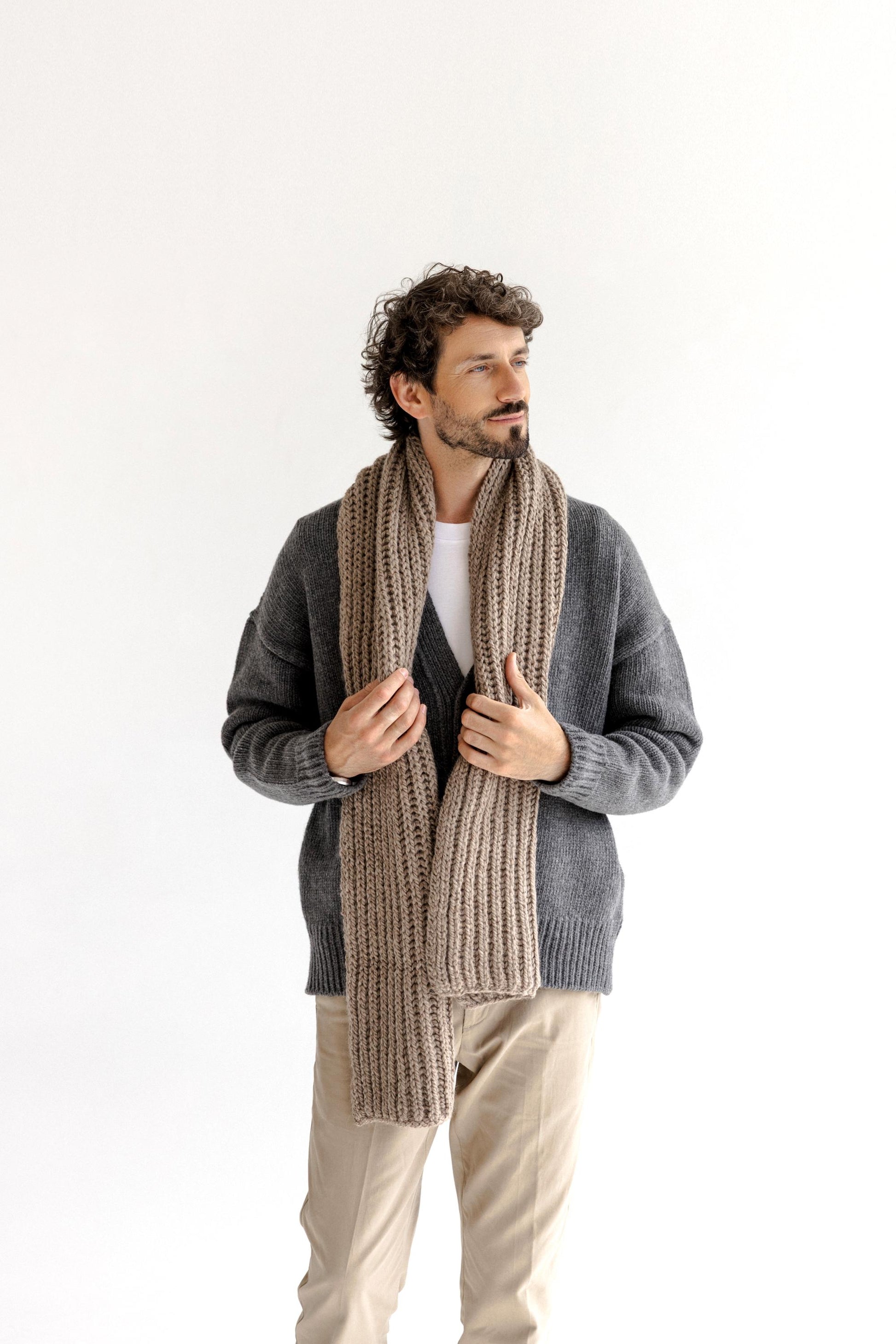 Beige Chunky Knitted Long Alpaca Wool Scarf, Camel Oversized Cable Knit Scarves, Handmade Ribbed Men's Neck Warmer, Gift For Friend