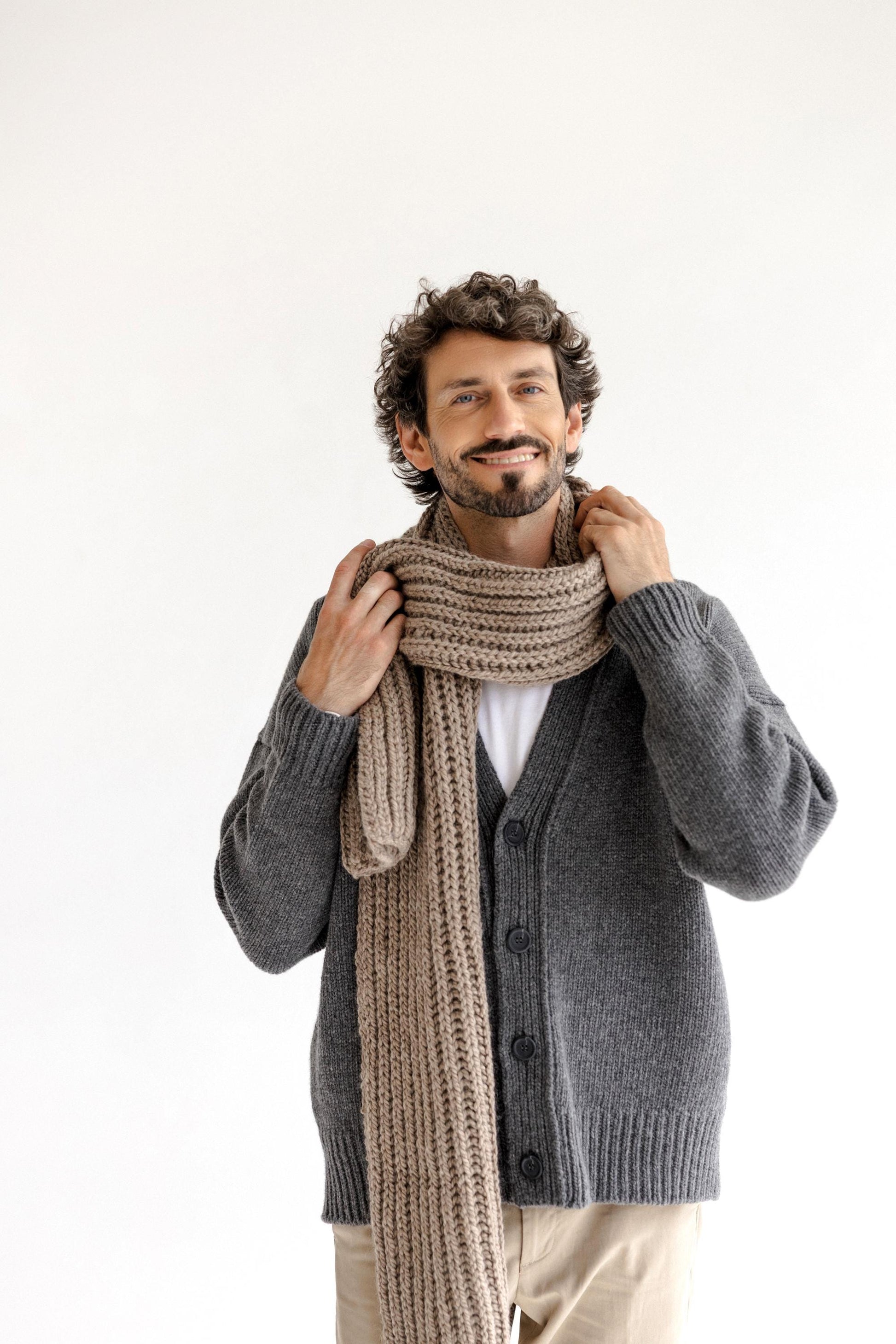 Navy Blue Chunky Knitted Long Alpaca Wool Scarf, Oversized Cable Knit Scarves, Handmade Ribbed Men's Neck Warmer,The Best Gift For Boyfriend