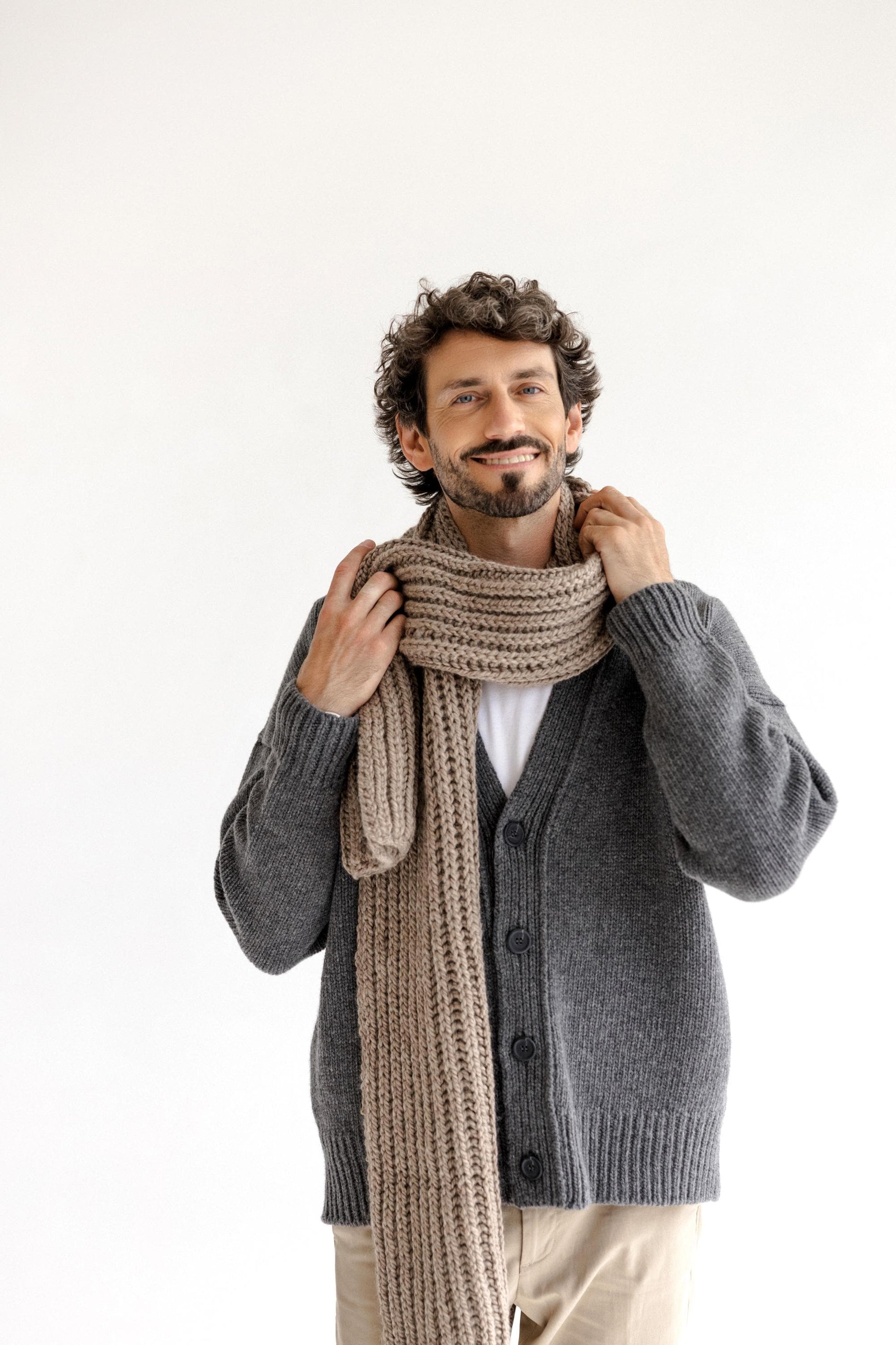 Beige Chunky Knitted Long Alpaca Wool Scarf, Camel Oversized Cable Knit Scarves, Handmade Ribbed Men's Neck Warmer, Gift For Friend