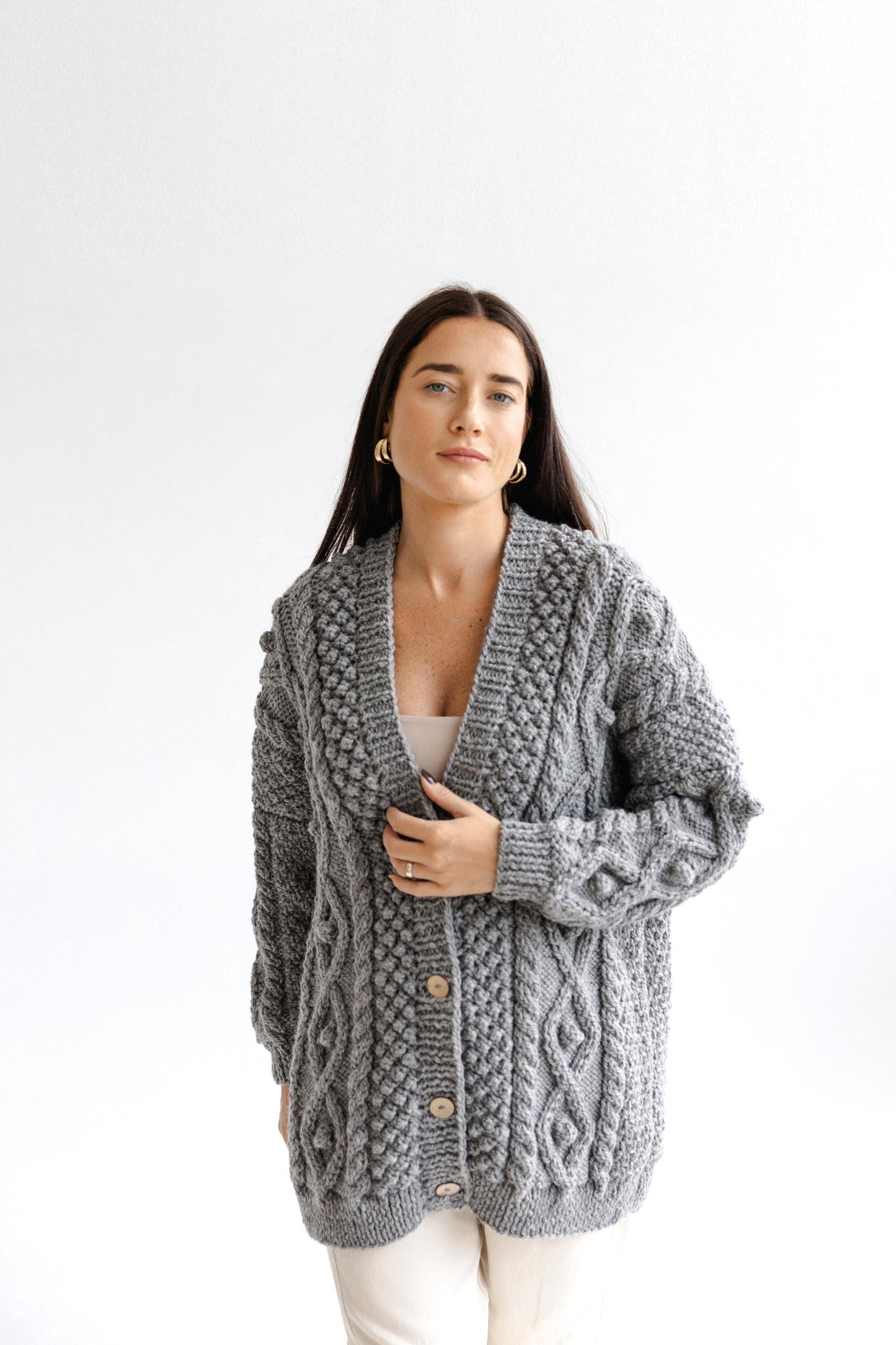 Light Gray Oversized Alpaca Cardigan With Buttons, Chunky Cable Knit Cardigan, Grey Irish Women Sweater, Handmade Wool Cardigan For Women