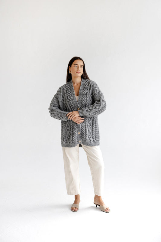Light Gray Oversized Alpaca Cardigan With Buttons, Chunky Cable Knit Cardigan, Grey Irish Women Sweater, Handmade Wool Cardigan For Women