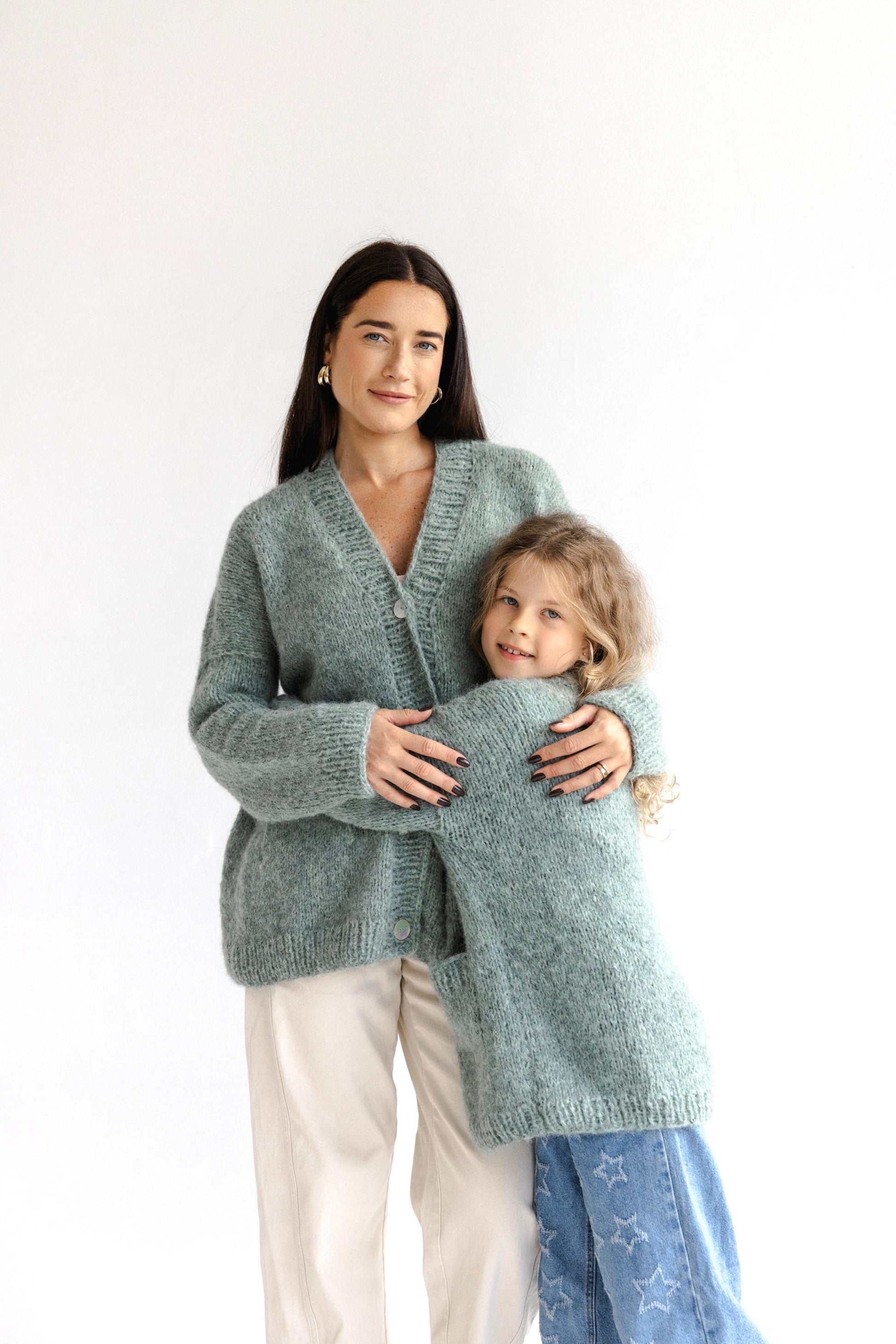 Matching Mommy and Me Cable Knit Cardigans, Green Me & Mini Me, Mother And Daughter Matching Cardigans With Buttons and Pockets, Family Gift