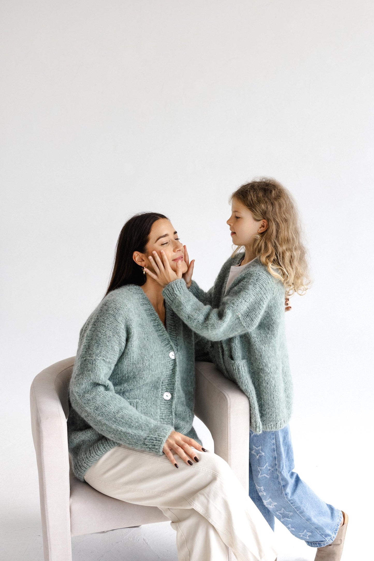 Matching Mommy and Me Cable Knit Cardigans, Green Me & Mini Me, Mother And Daughter Matching Cardigans With Buttons and Pockets, Family Gift