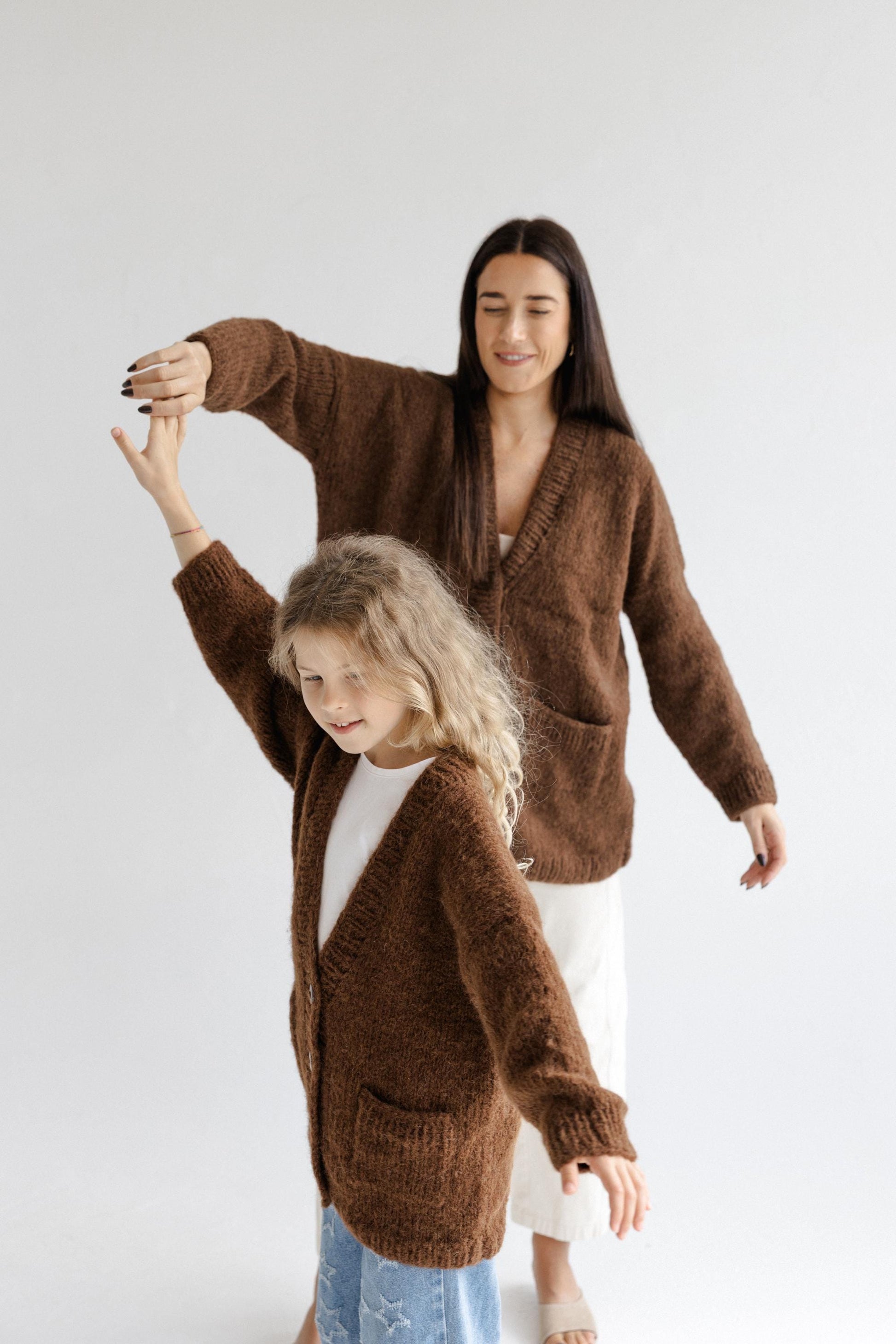 Matching Mommy and Me Cable Knit Cardigans, Brown Me & Mini Me, Mother And Daughter Matching Cardigans With Buttons and Pockets, Family Gift