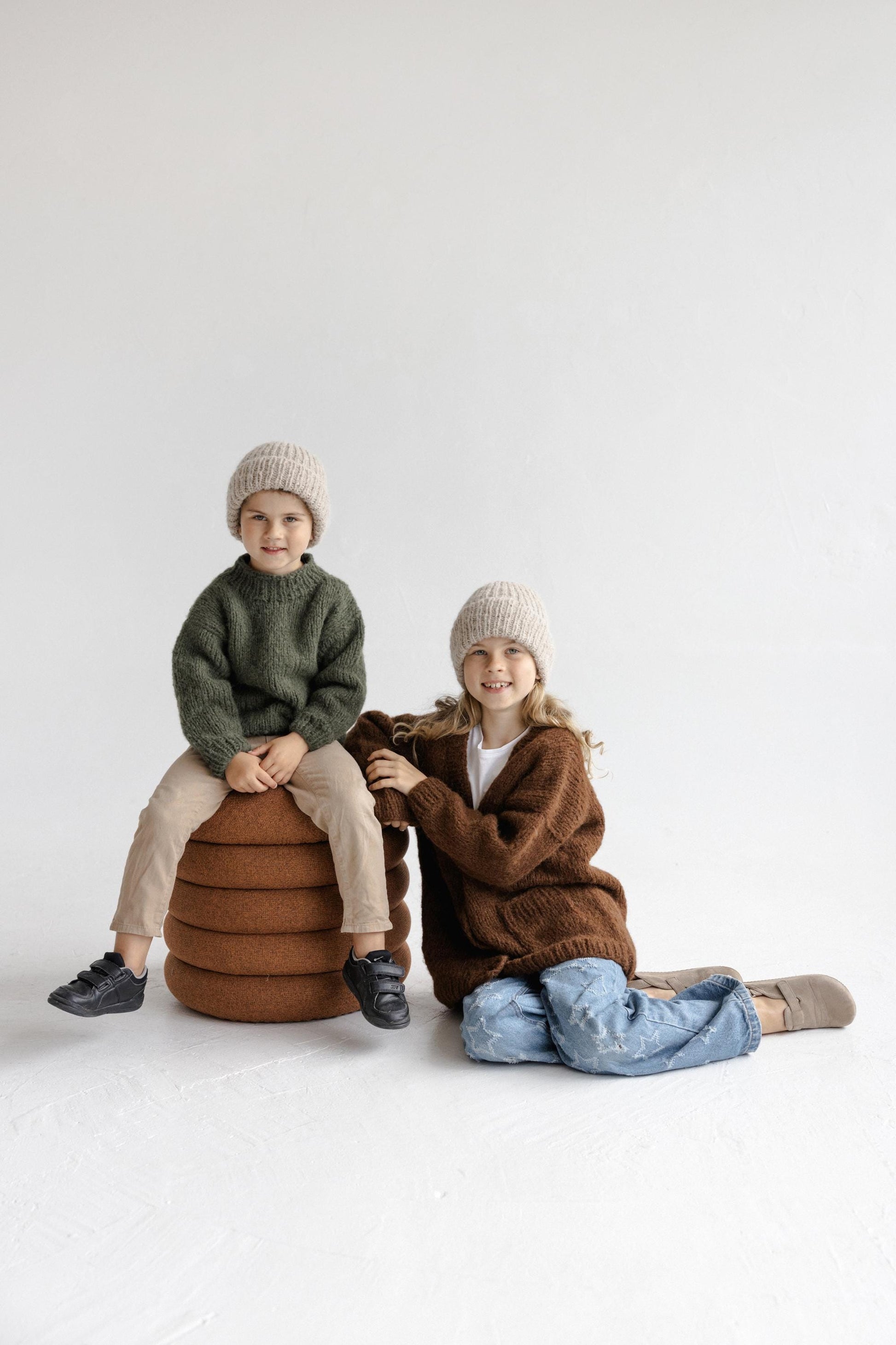 Beige Handmade Cable Knit Alpaca Wool Winter Hat, Camel Warm Beanie For Brother And Sister, Matching Family Accessories