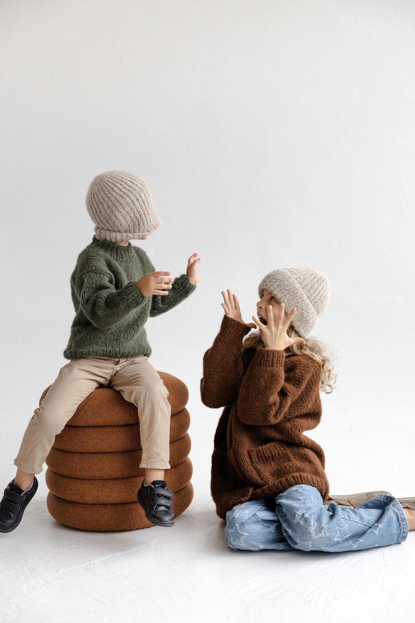 Beige Handmade Cable Knit Alpaca Wool Winter Hat, Camel Warm Beanie For Brother And Sister, Matching Family Accessories