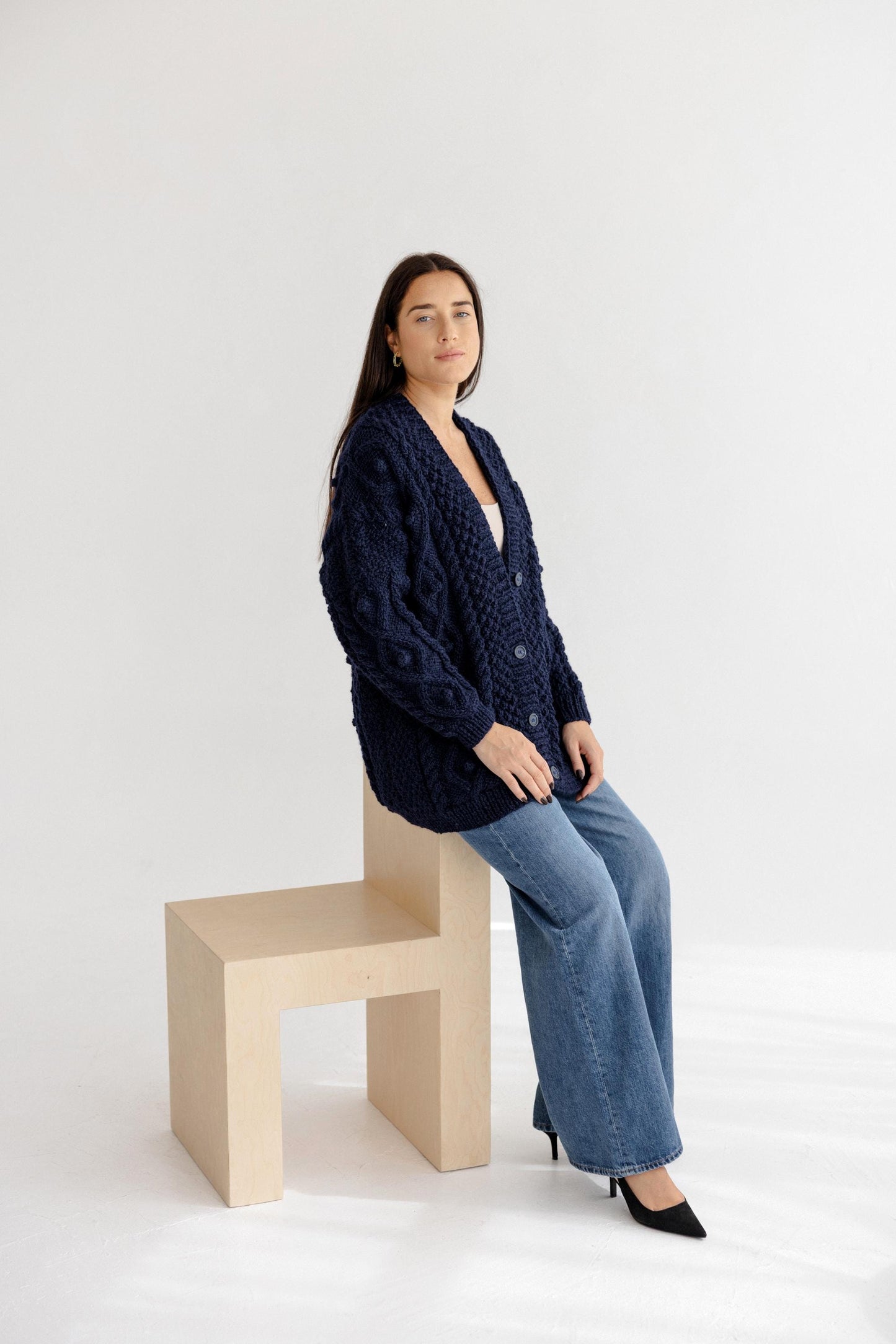 Handmade Navy Blue Aran Cable Knitted Oversized Alpaca Wool Cardigan With Buttons, Chunky Knit Irish Style Women's Button-up V-neck Sweater