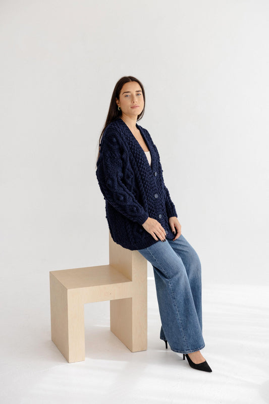 Handmade Navy Blue Aran Cable Knitted Oversized Alpaca Wool Cardigan With Buttons, Chunky Knit Irish Style Women's Button-up V-neck Sweater