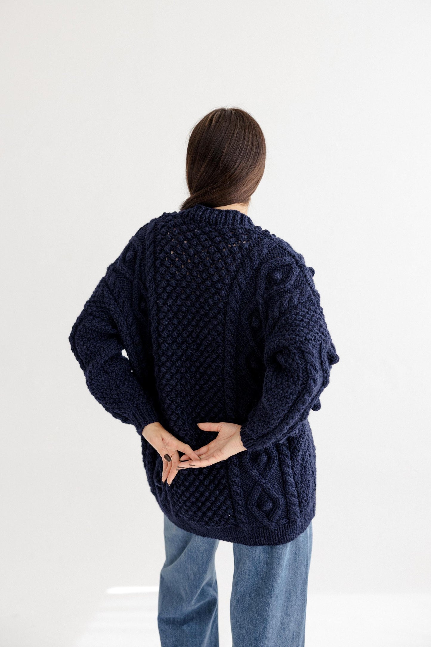 Handmade Navy Blue Aran Cable Knitted Oversized Alpaca Wool Cardigan With Buttons, Chunky Knit Irish Style Women's Button-up V-neck Sweater